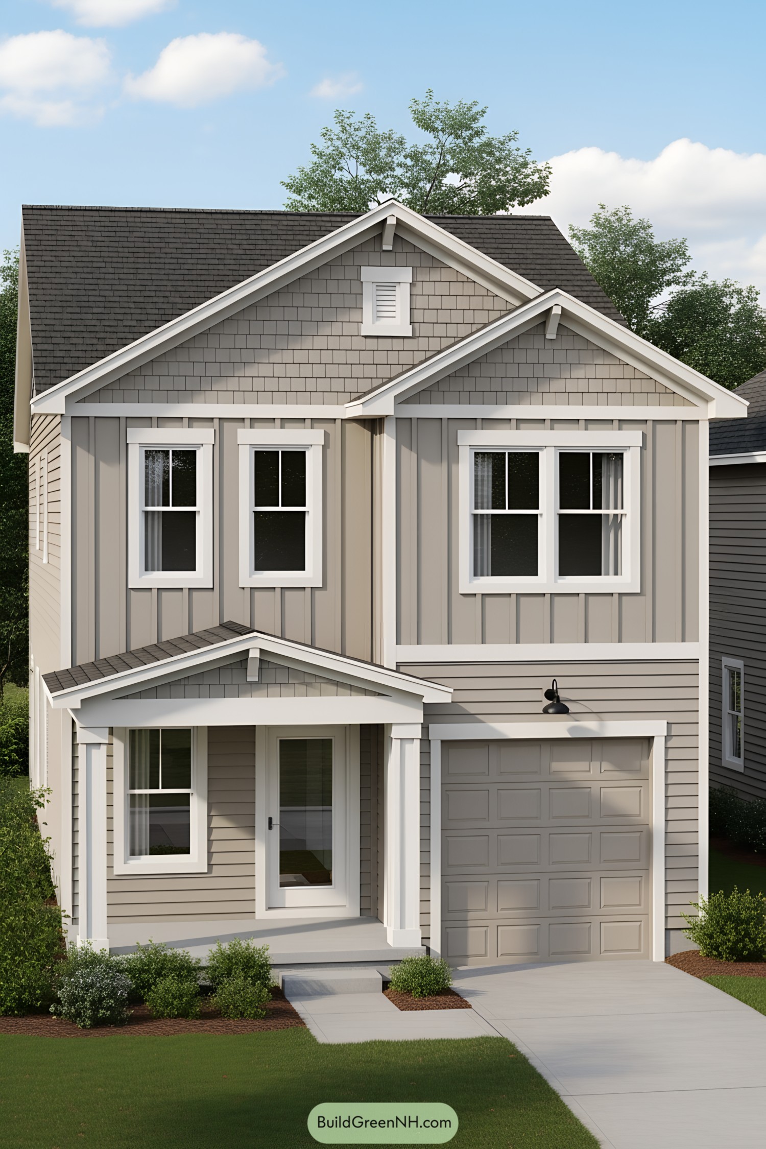 Small tan house with integrated garage and porch
