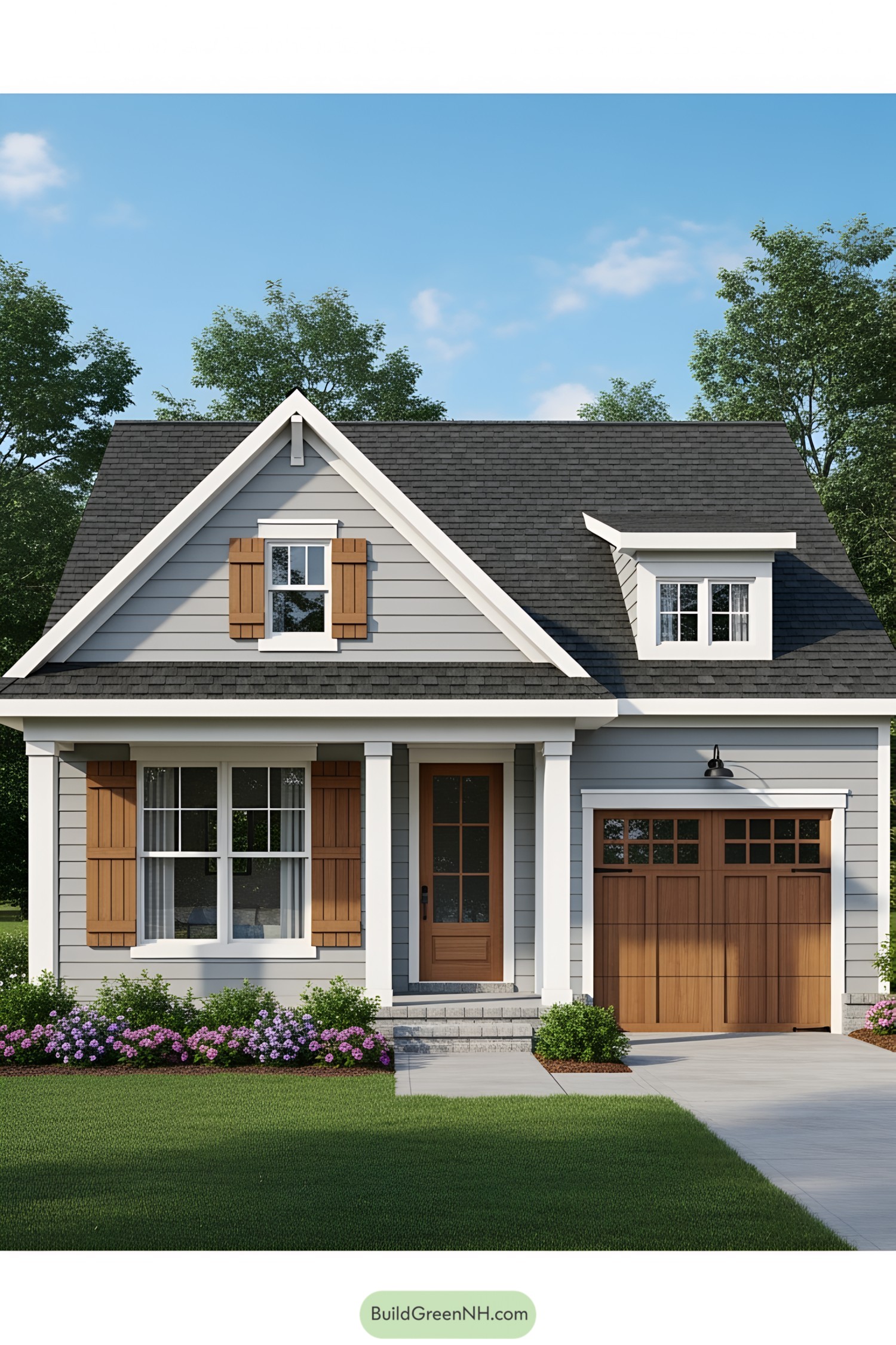 Charming small house with a wooden garage and decorative shutters