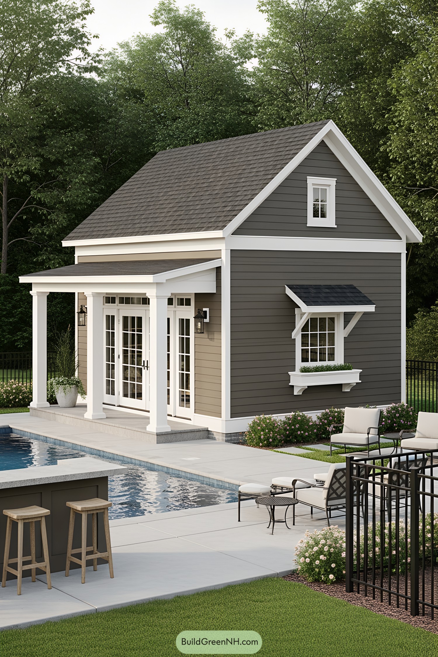 Small house with a pool surrounded by trees