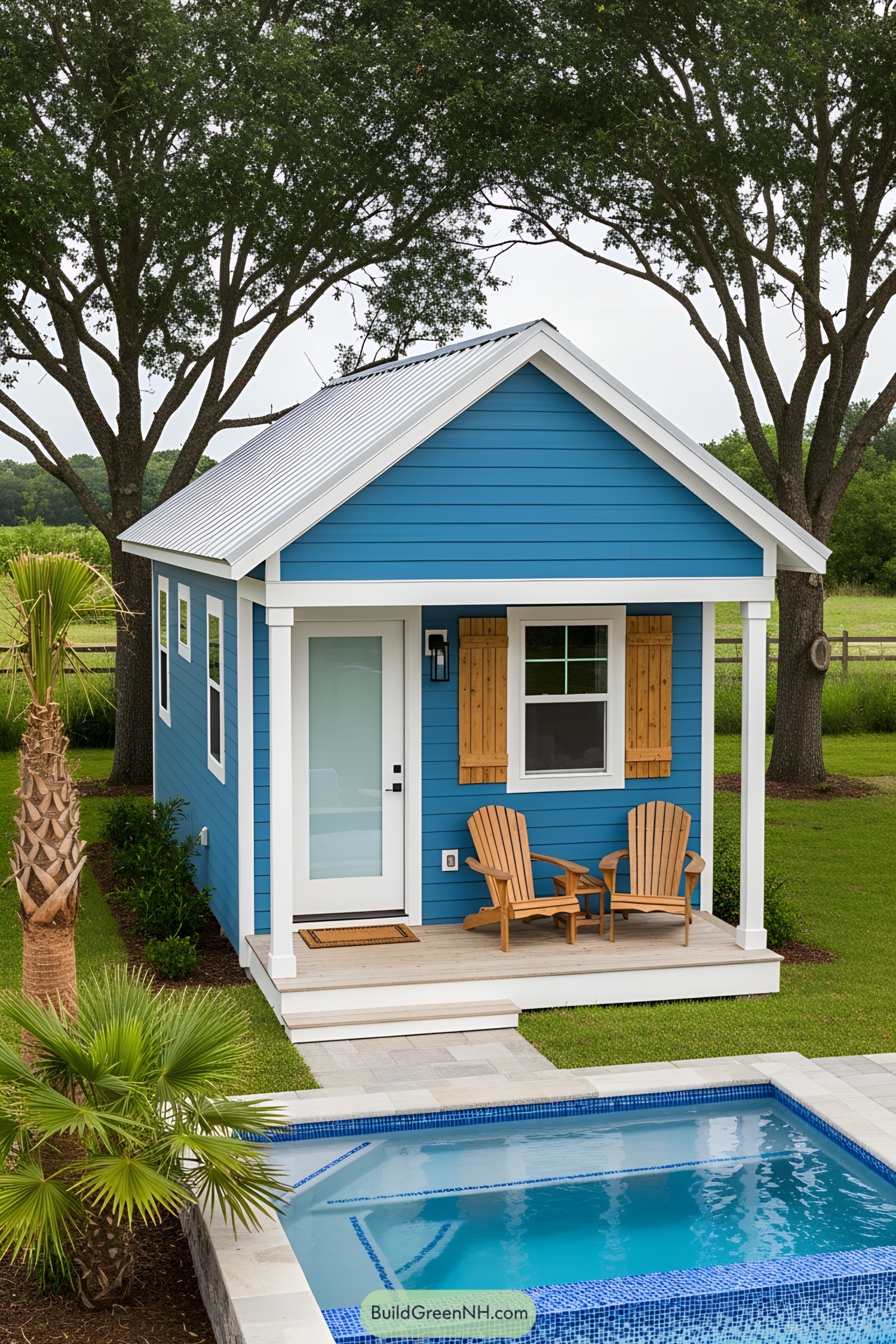 Compact blue house with poolside joy