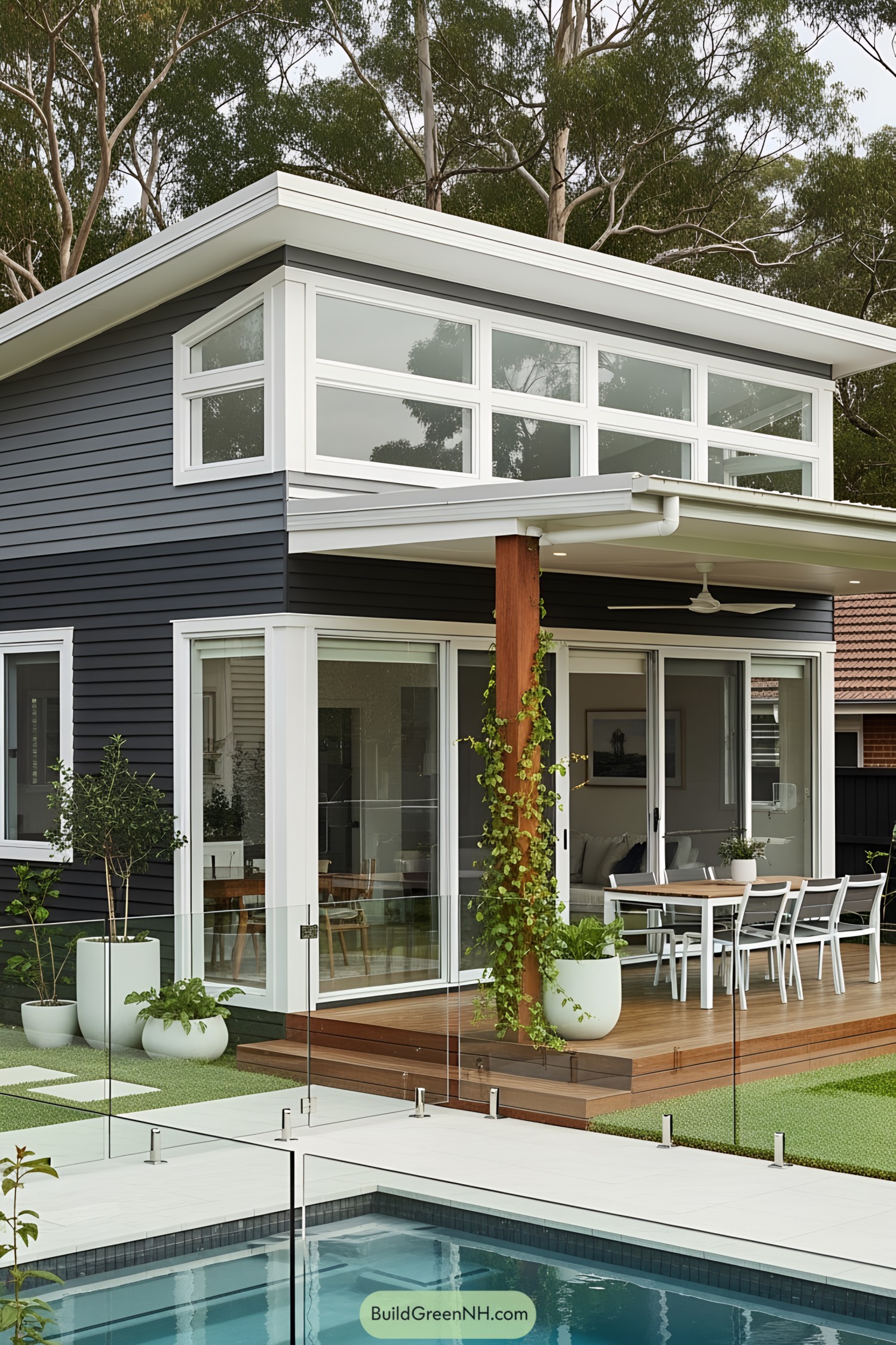 Compact house with pool and glass fencing