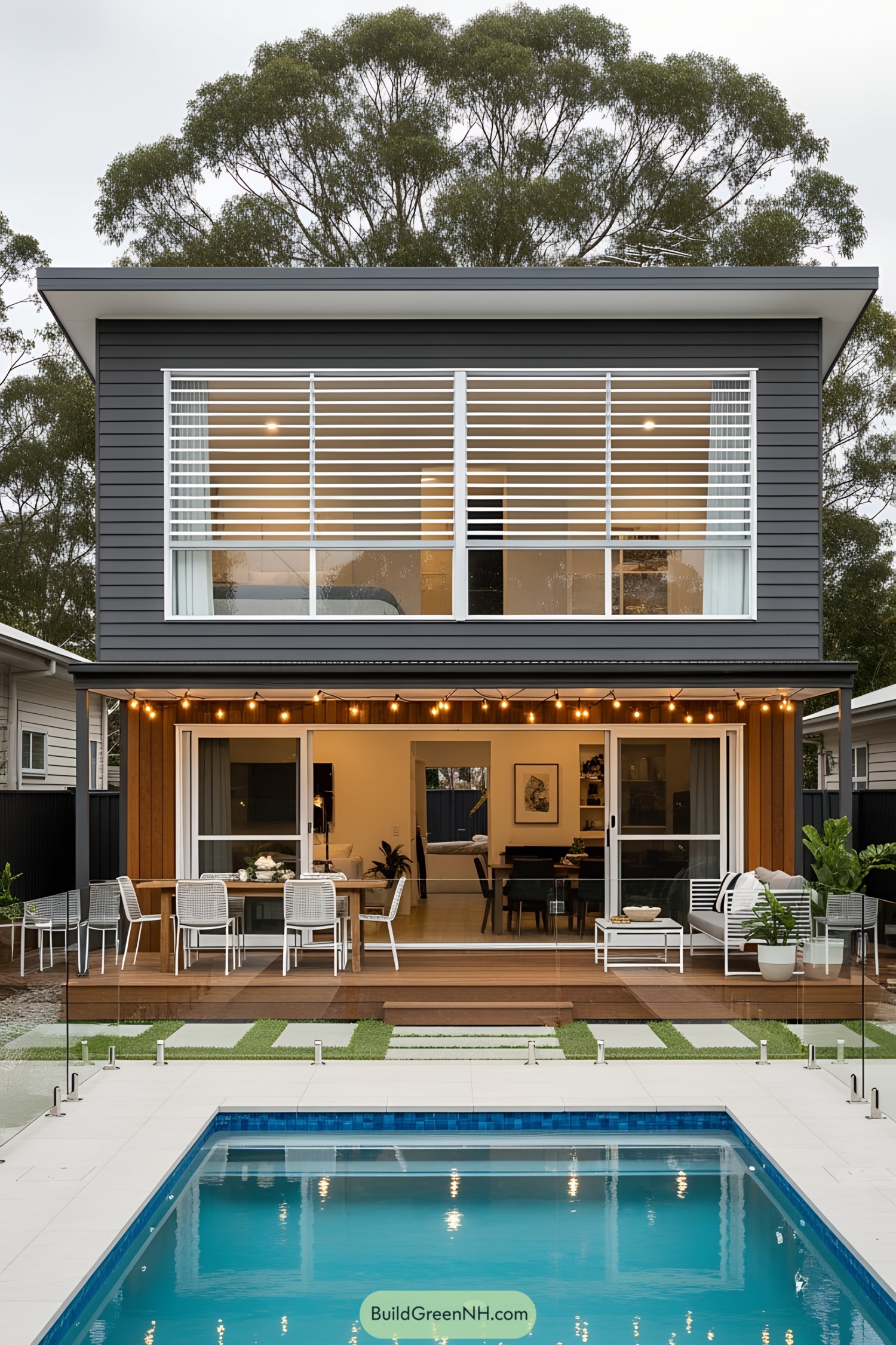 Modern house with a pool and outdoor seating