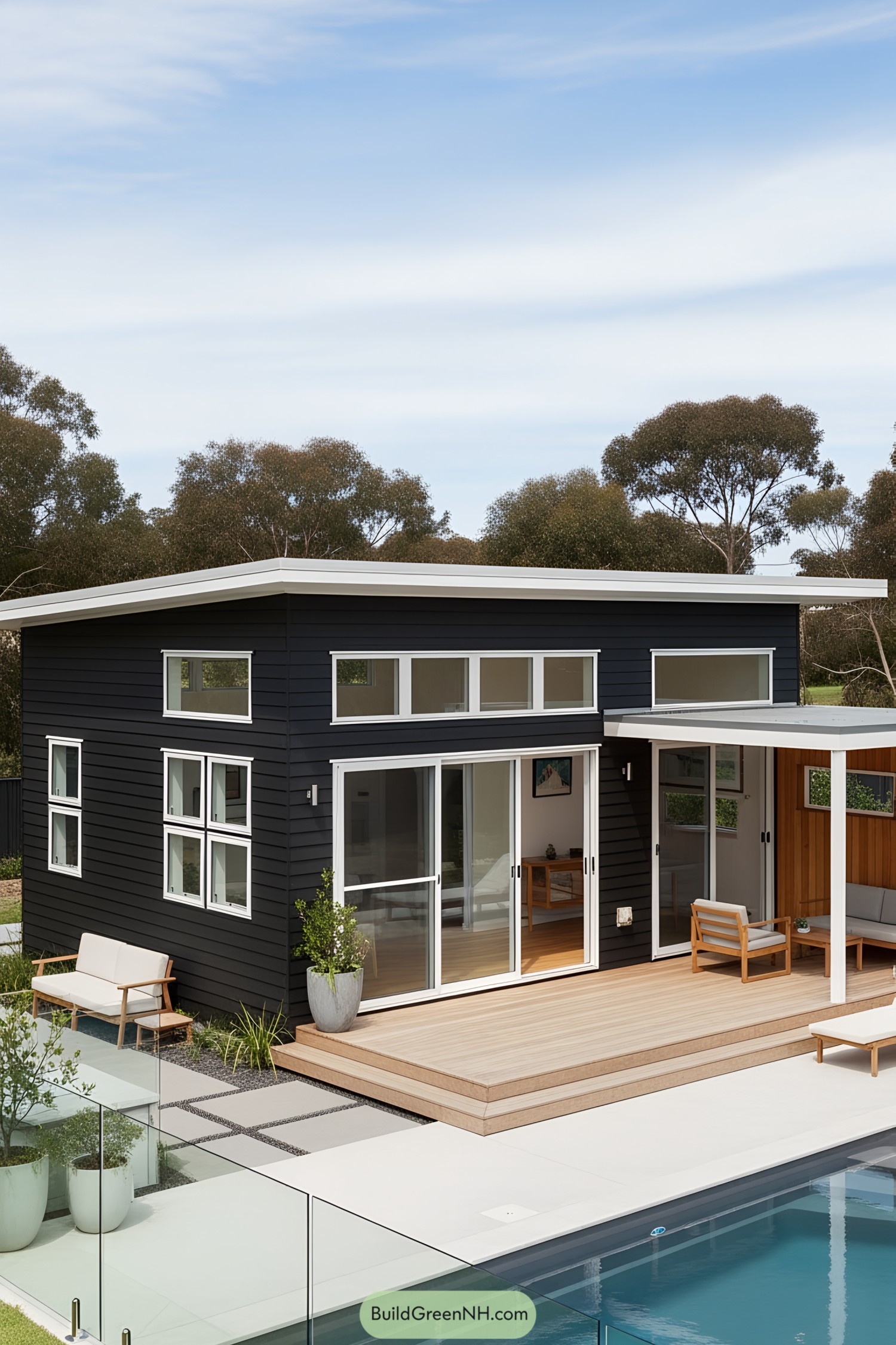 Small black house with a pool and deck