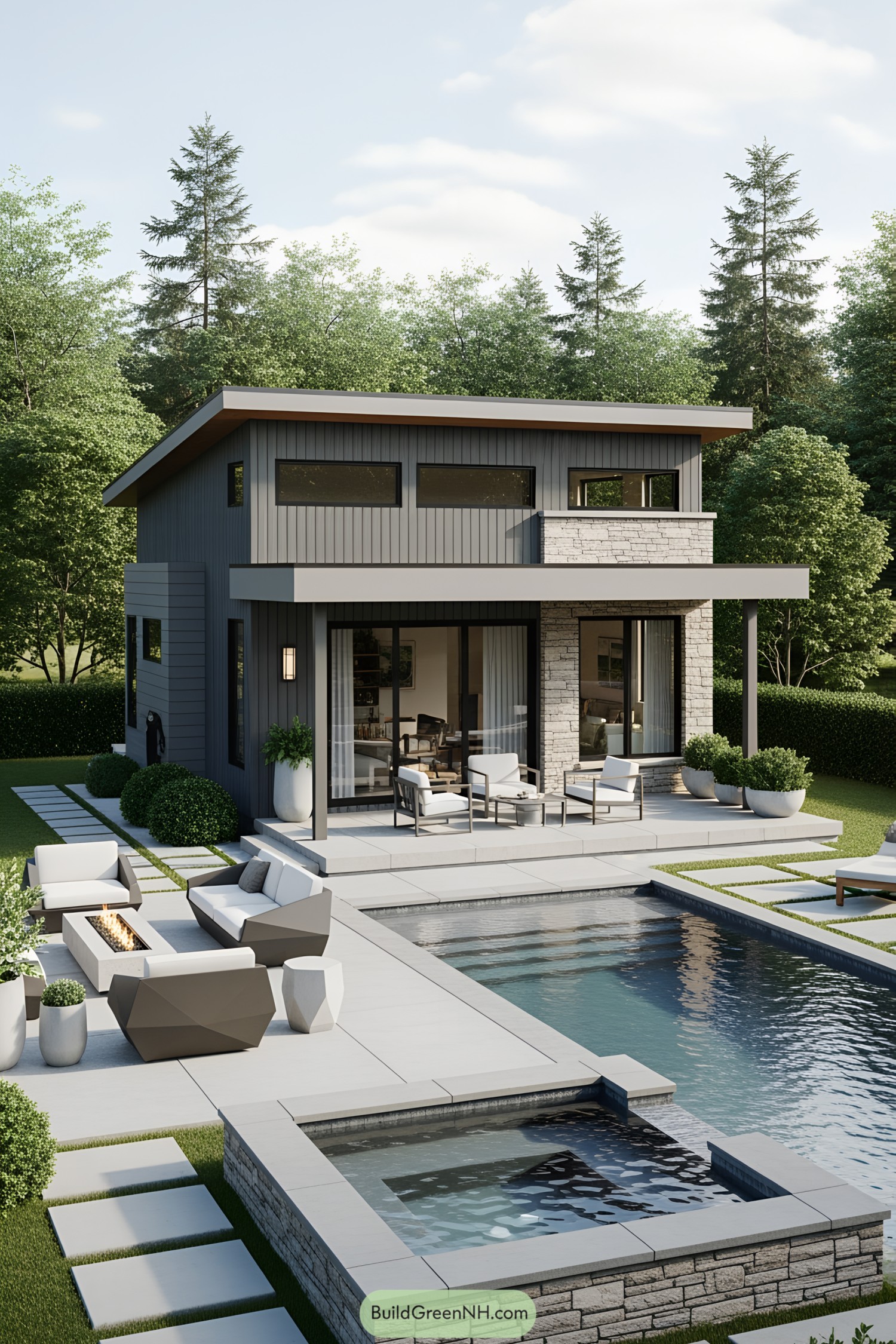 Small modern house with a serene poolside setup