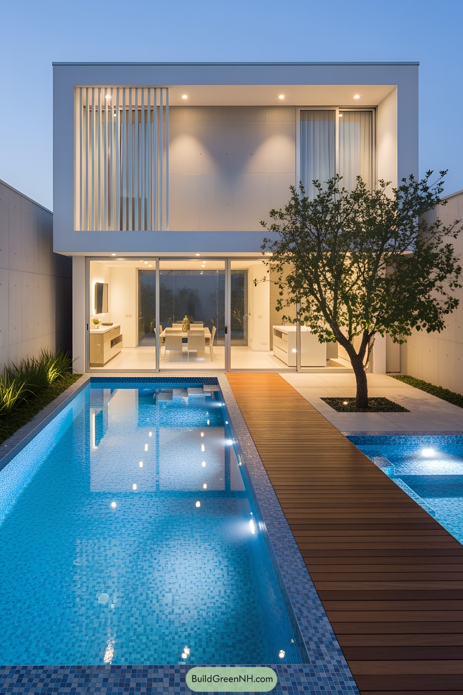 Small modern house with a sleek pool and wooden deck