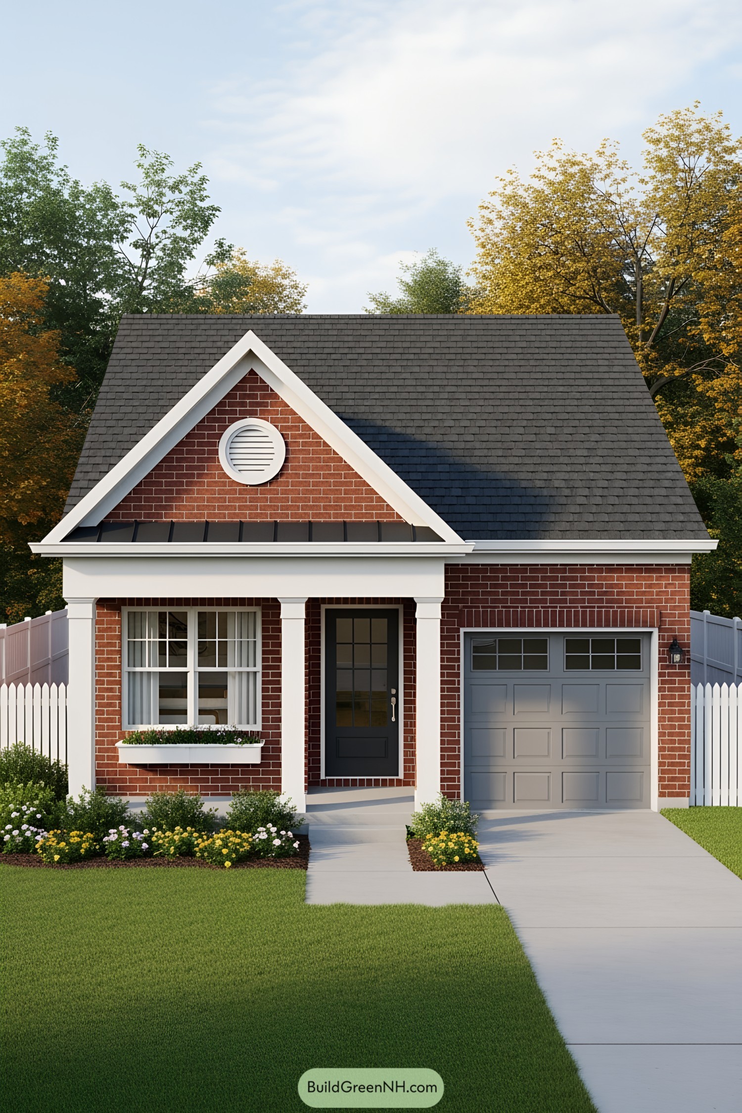Small brick house with steep roof and tidy garden