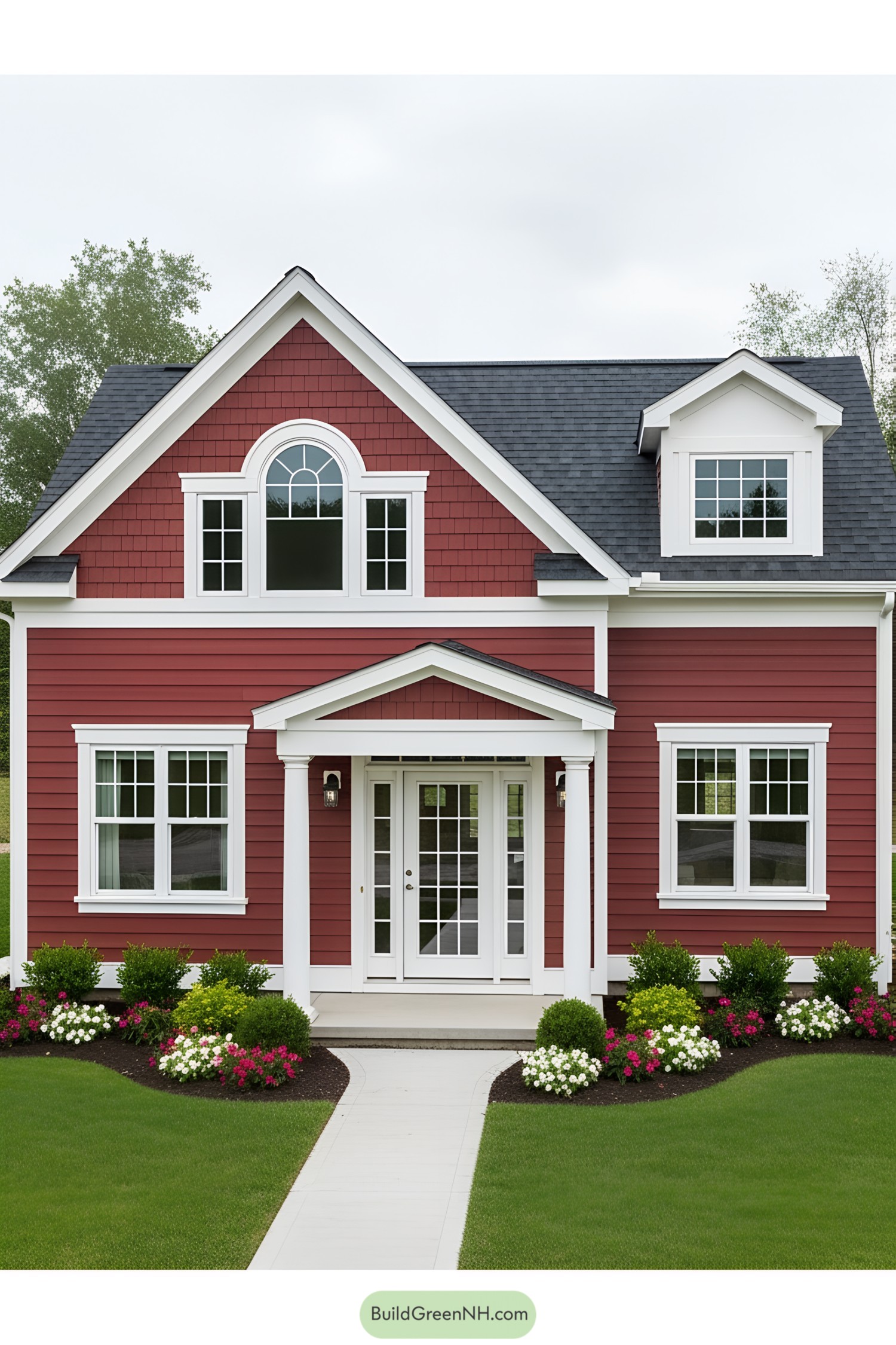 Cute red house with white trim and landscaped garden