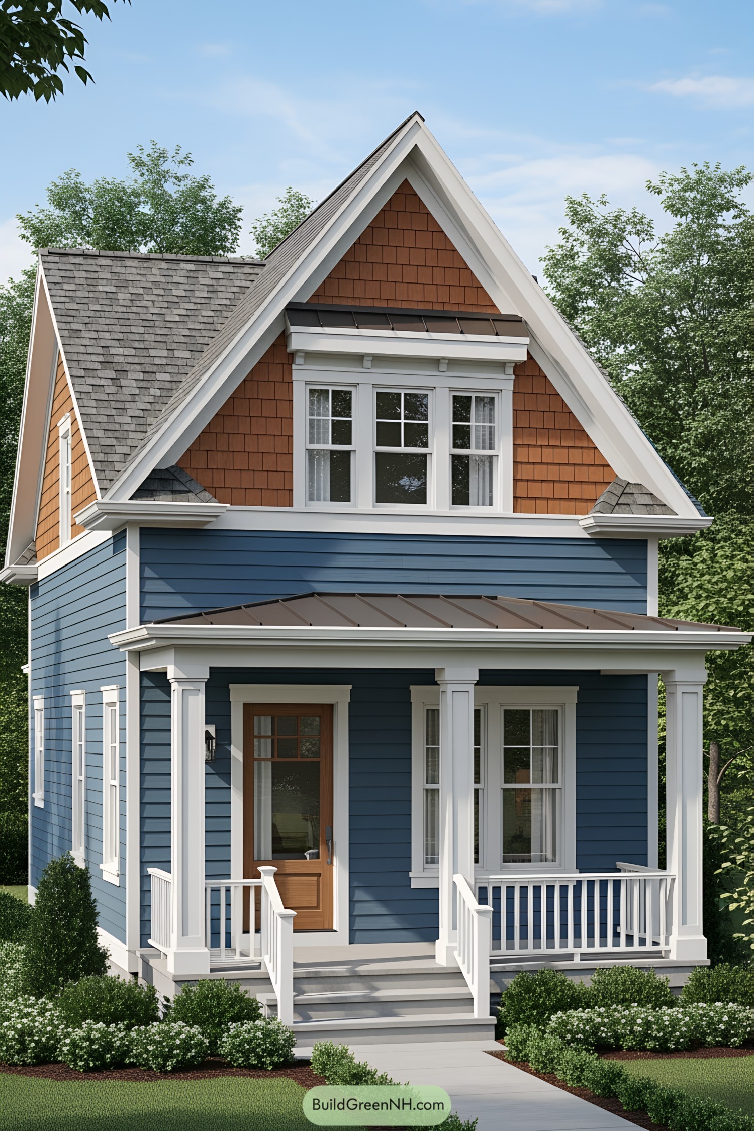 Charming small blue house with A-frame roof
