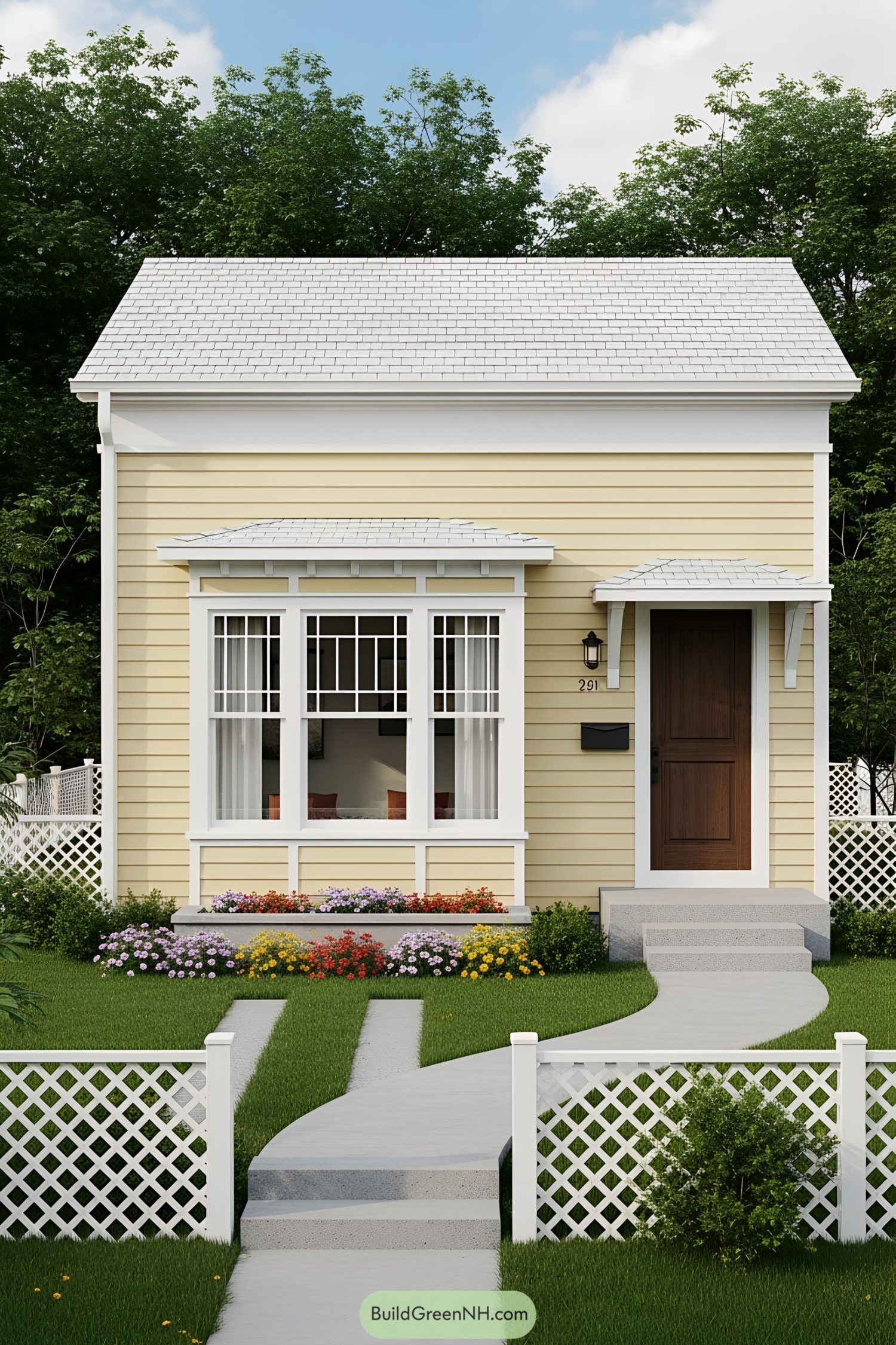 Yellow house with white trim, surrounded by flowers and a white picket fence