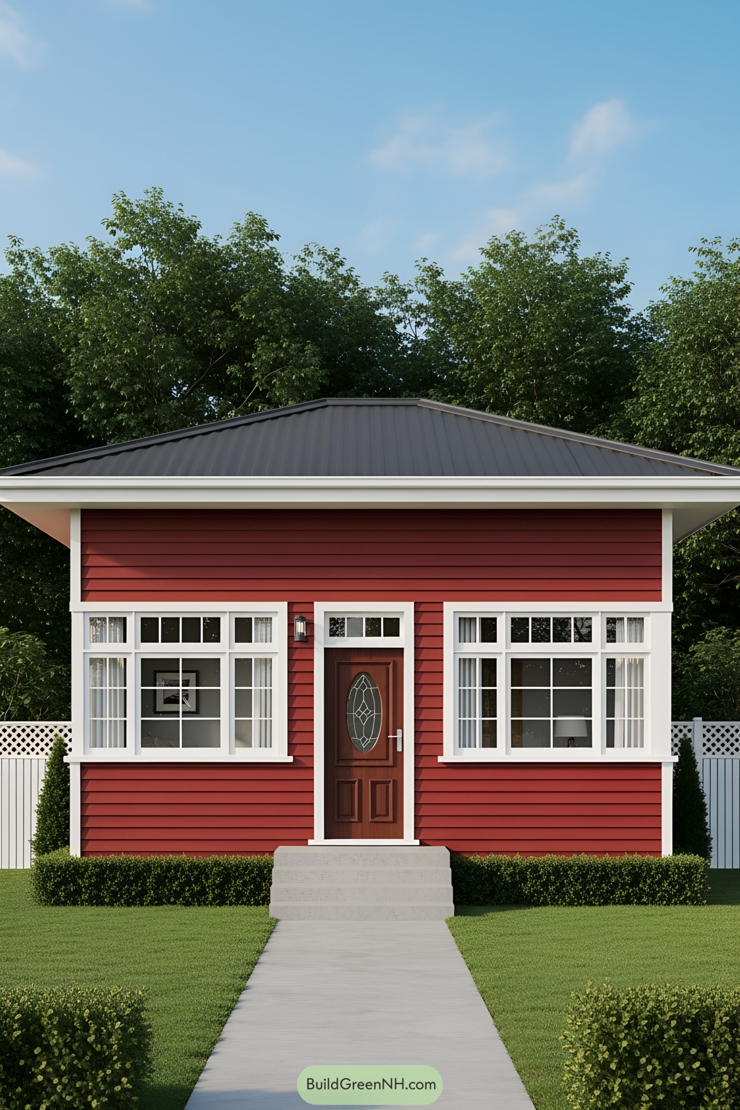 Compact red house with white trim and lush greenery