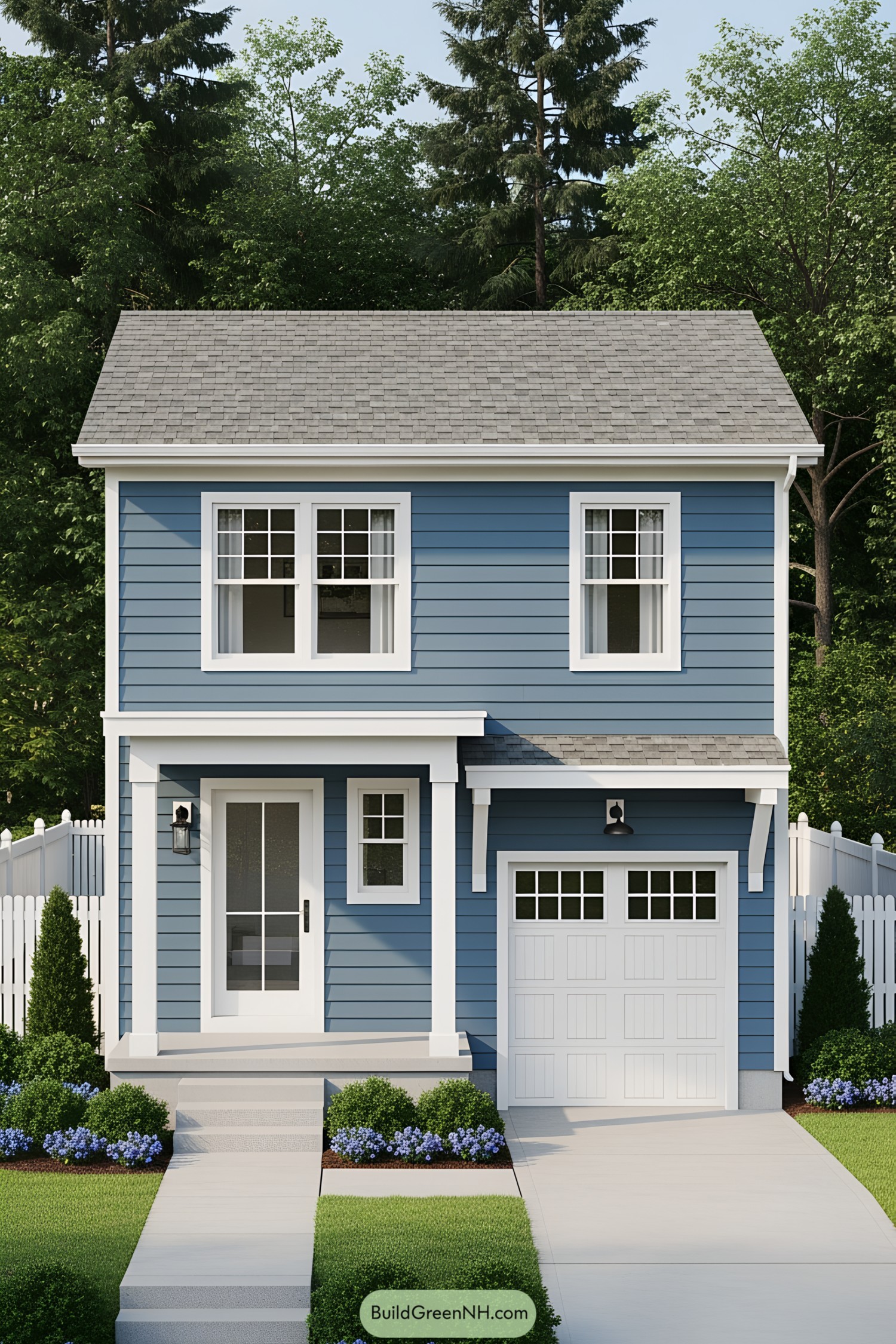 Blue small house with white trim, front porch, and garden