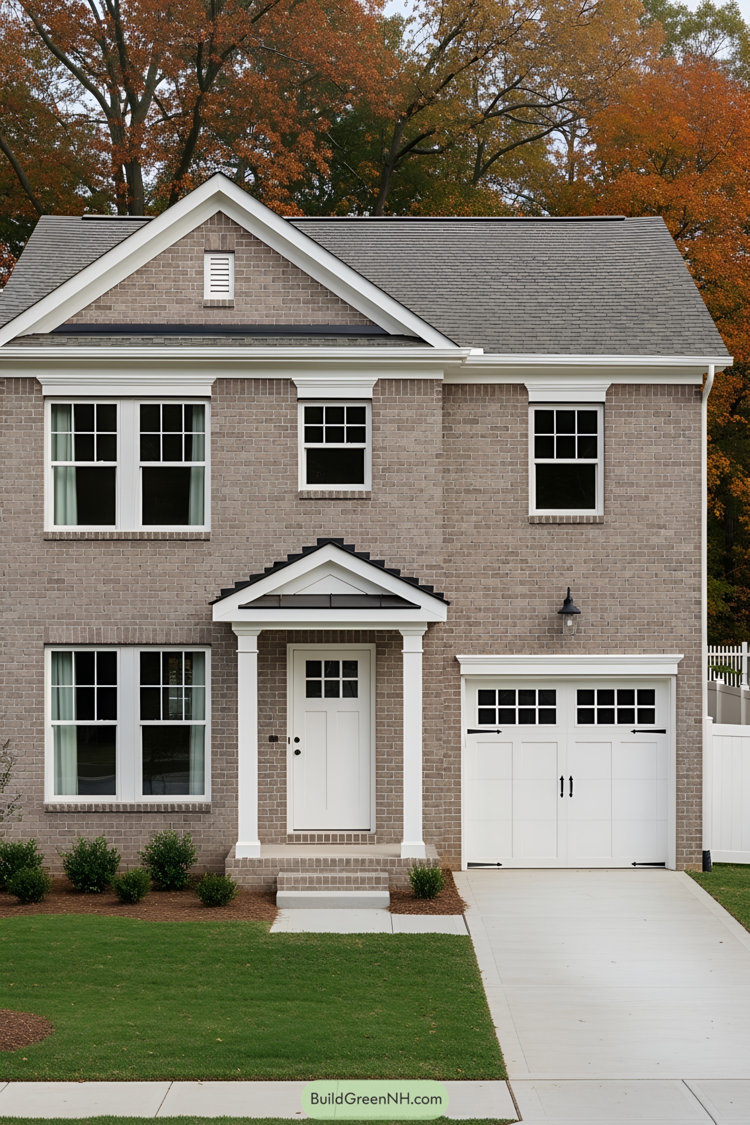 Two-story brick house with a white front door and garage