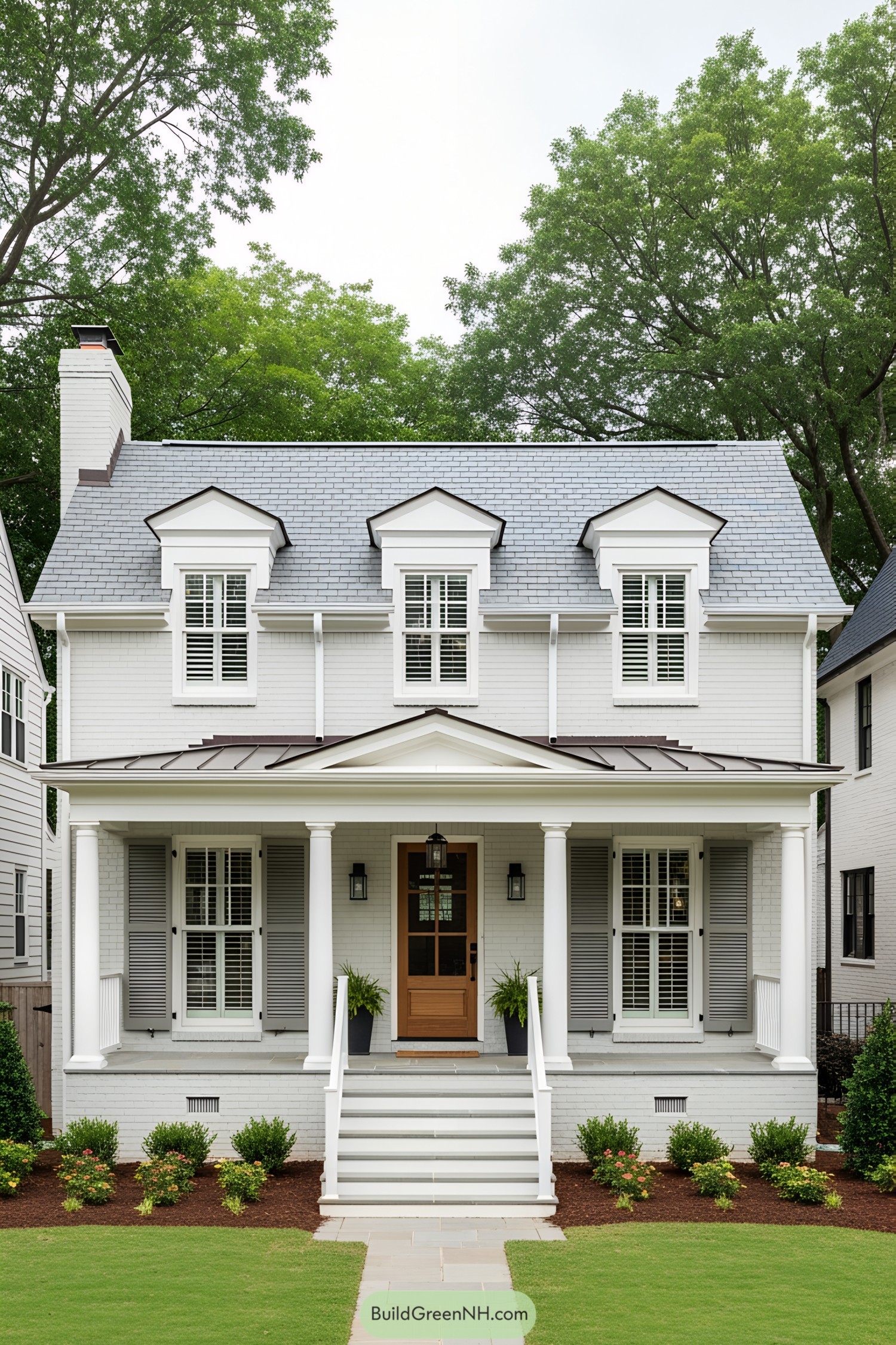 White traditional house with front porch and greenery
