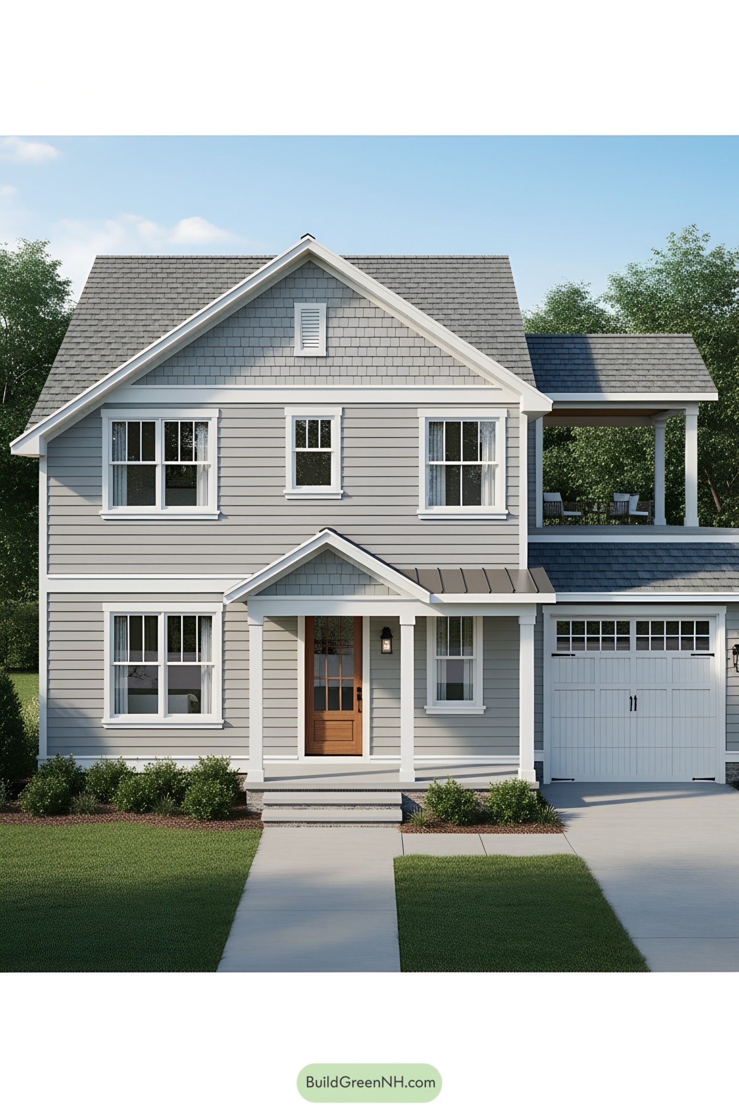 Gray house with white trim and attached garage