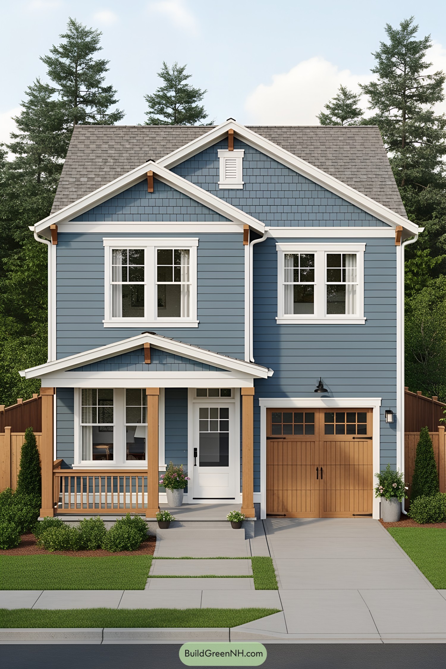 Compact blue house with tidy front yard and wooden accents