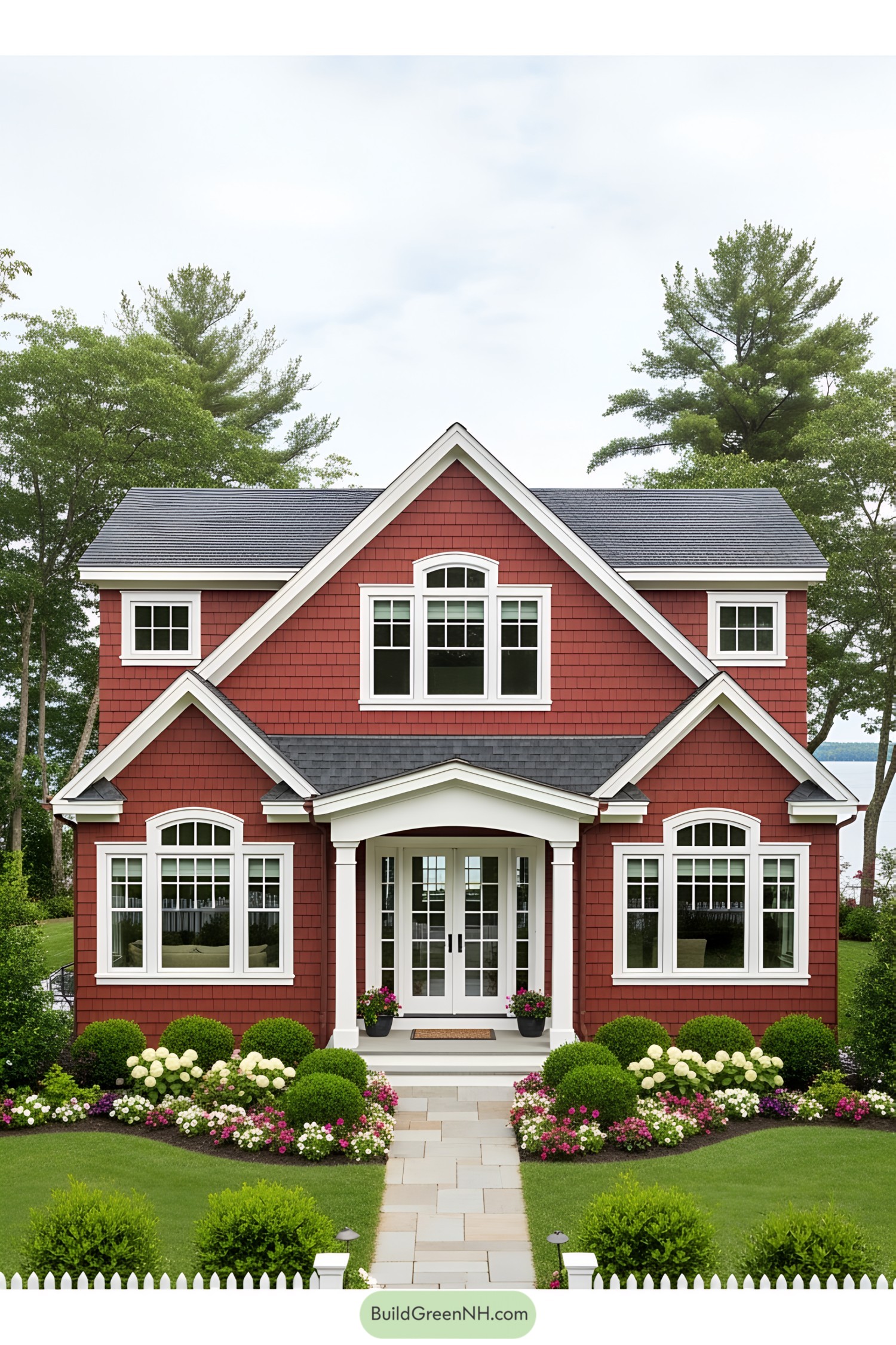 Inviting red house with tidy garden