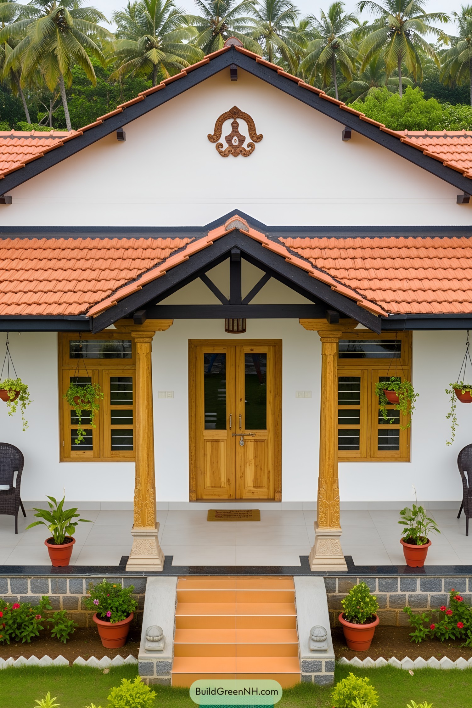 White house with red tile roof and lush greenery