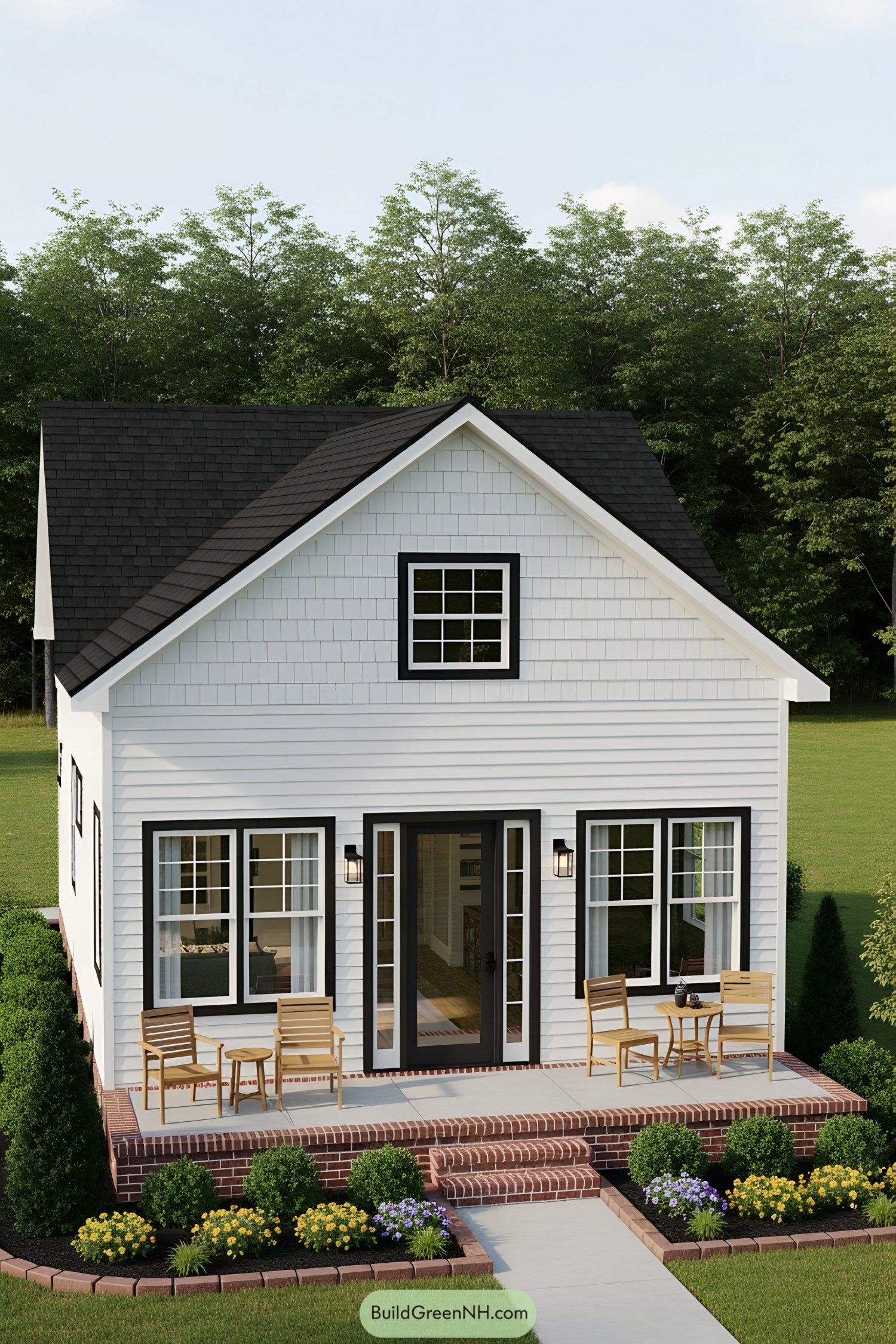 Small white house with black trim, porch, and garden