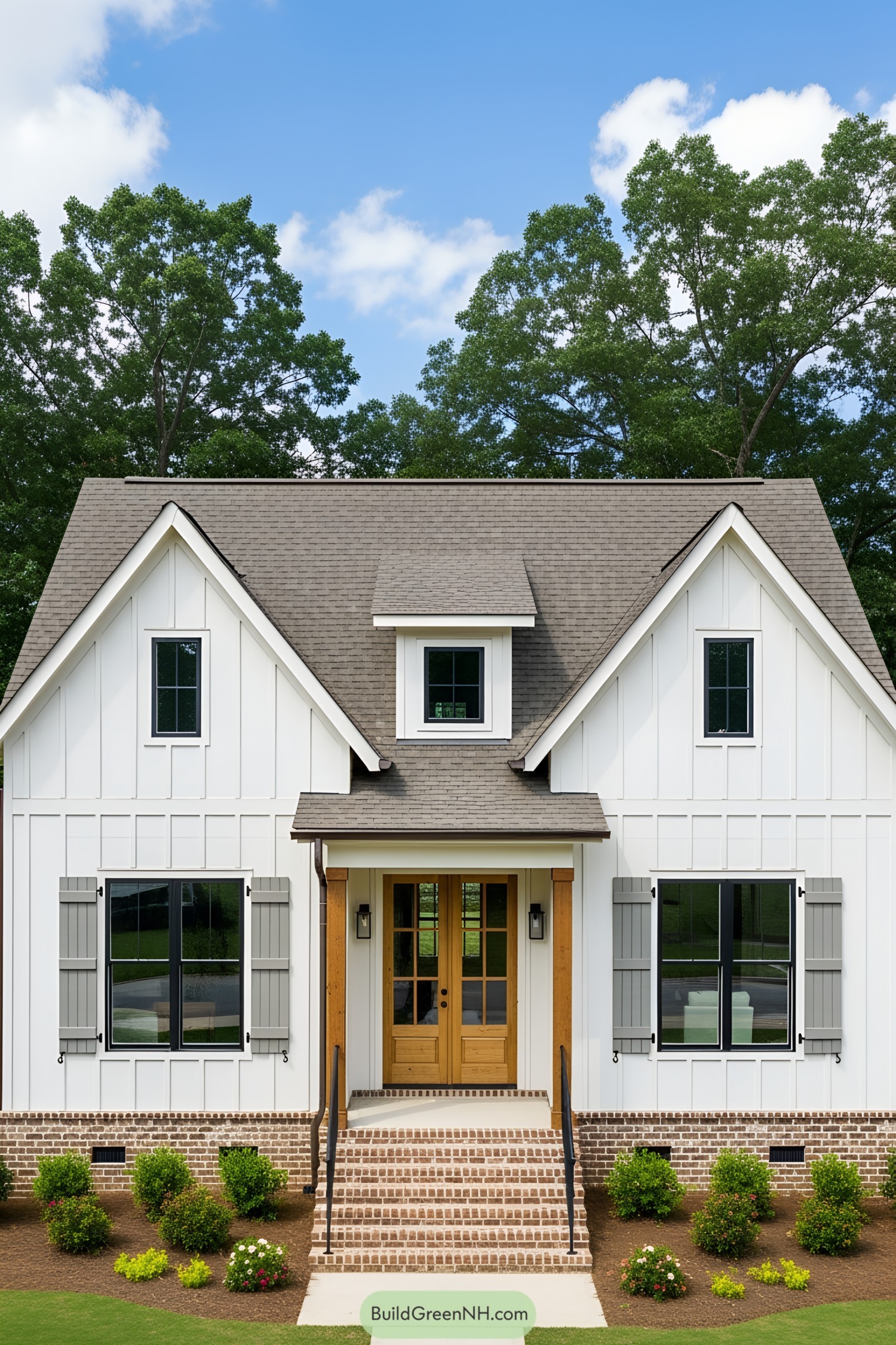 White house with gable roof and brick steps