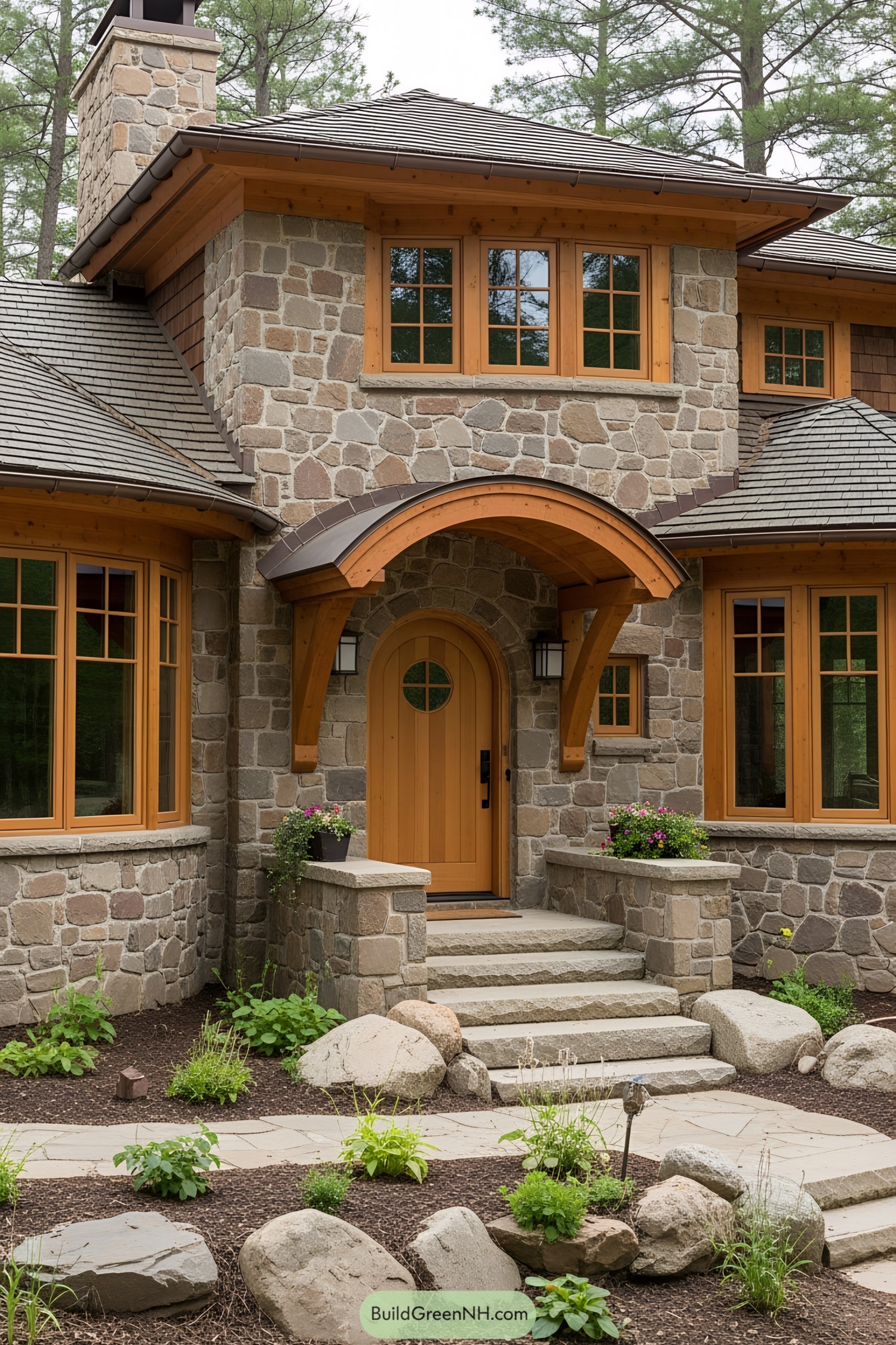 Elegant stone house with wooden accents nestled in the forest