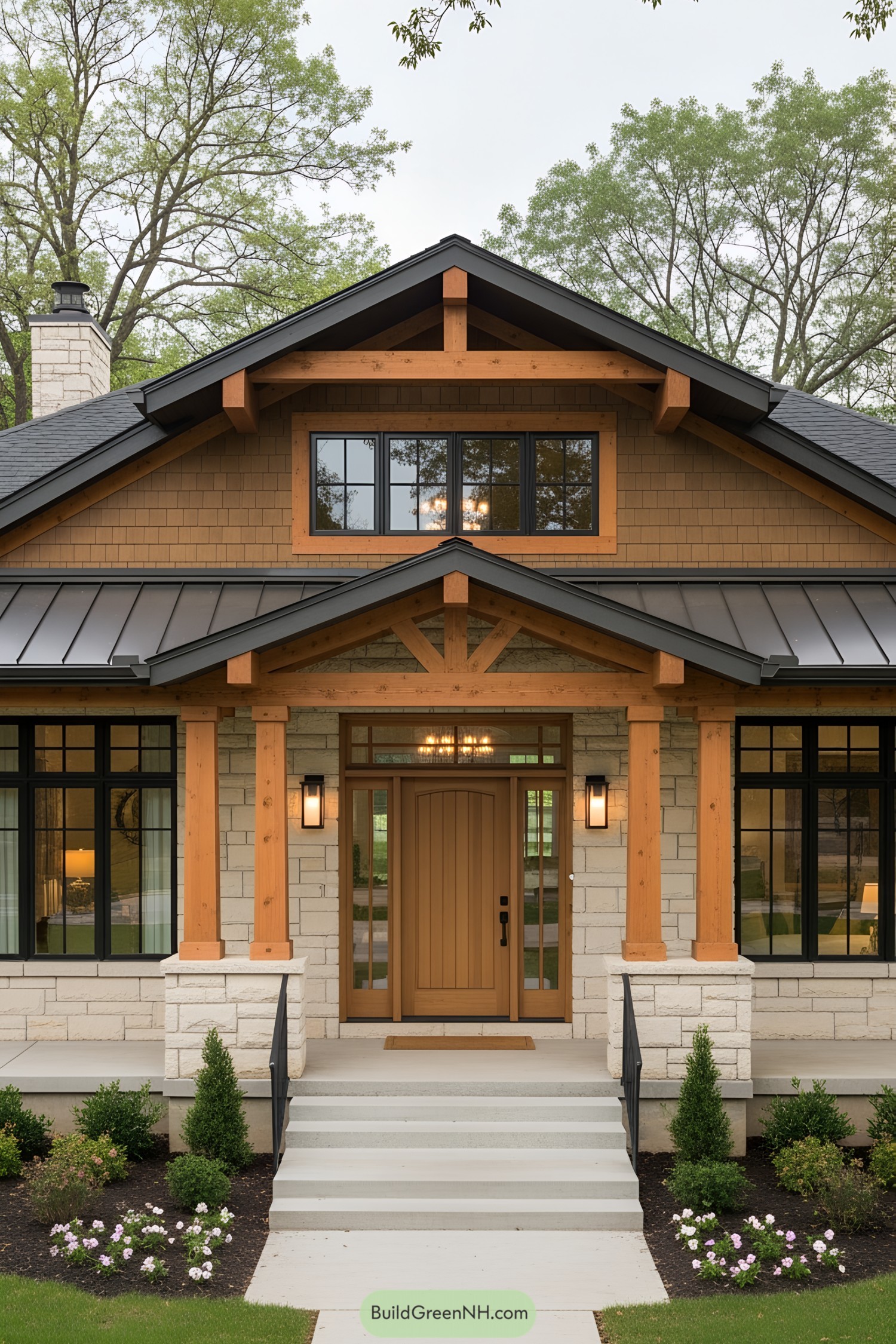 Welcoming stone and timber house with lush landscaping