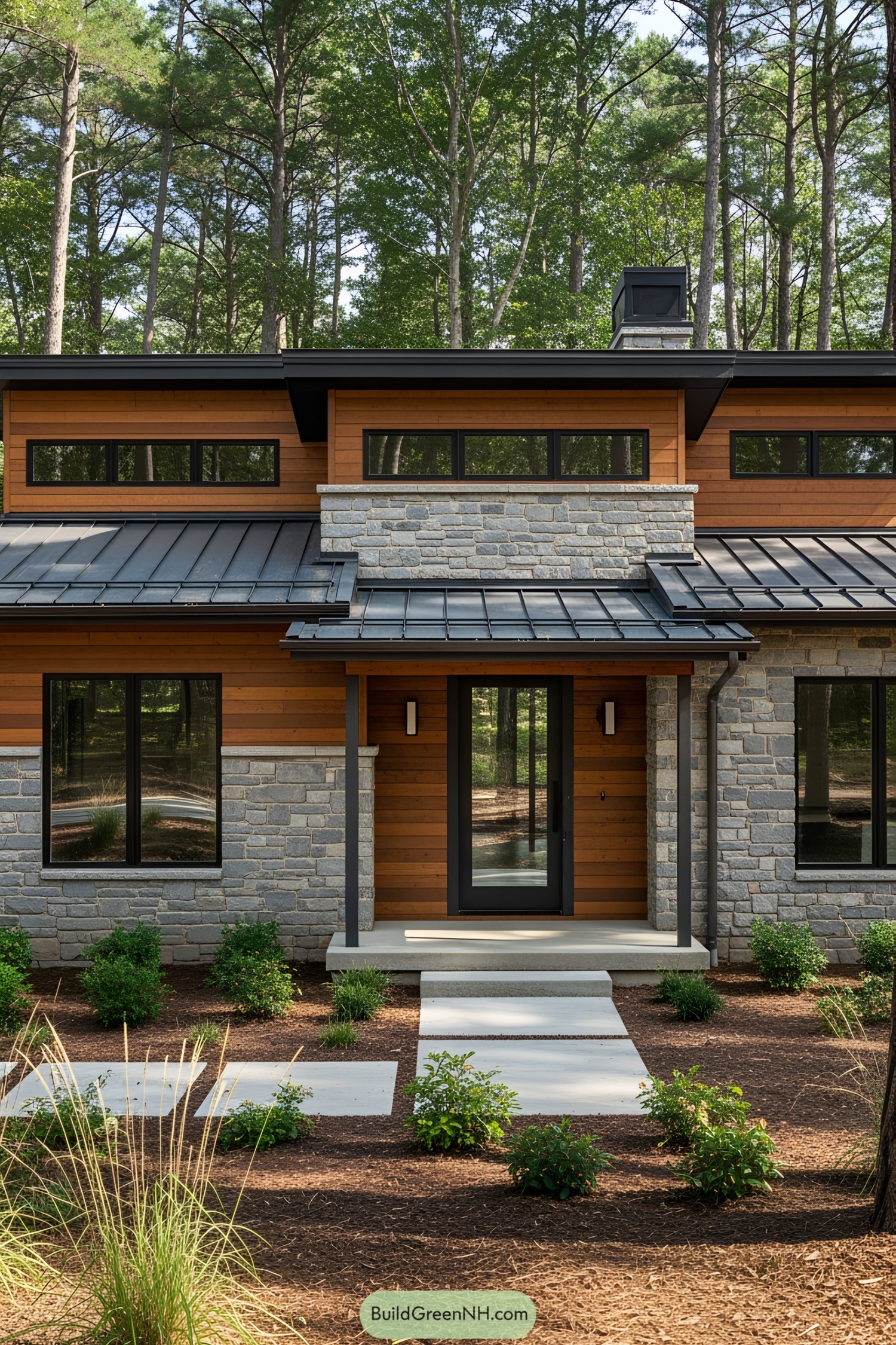 Modern stone and wood cabin surrounded by tall trees