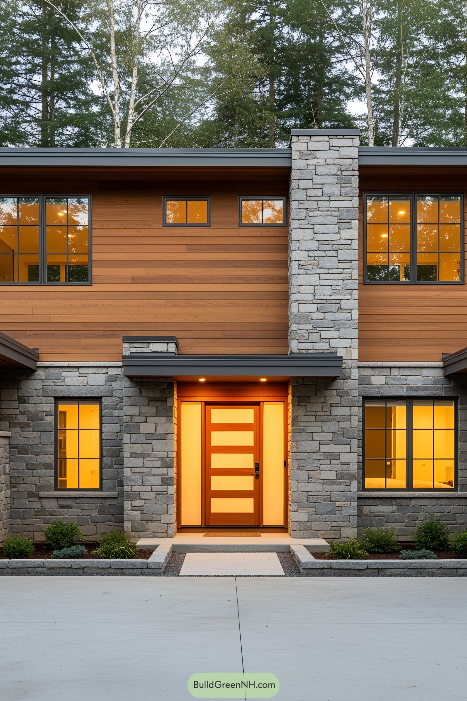 Modern stone and wood house with illuminated windows