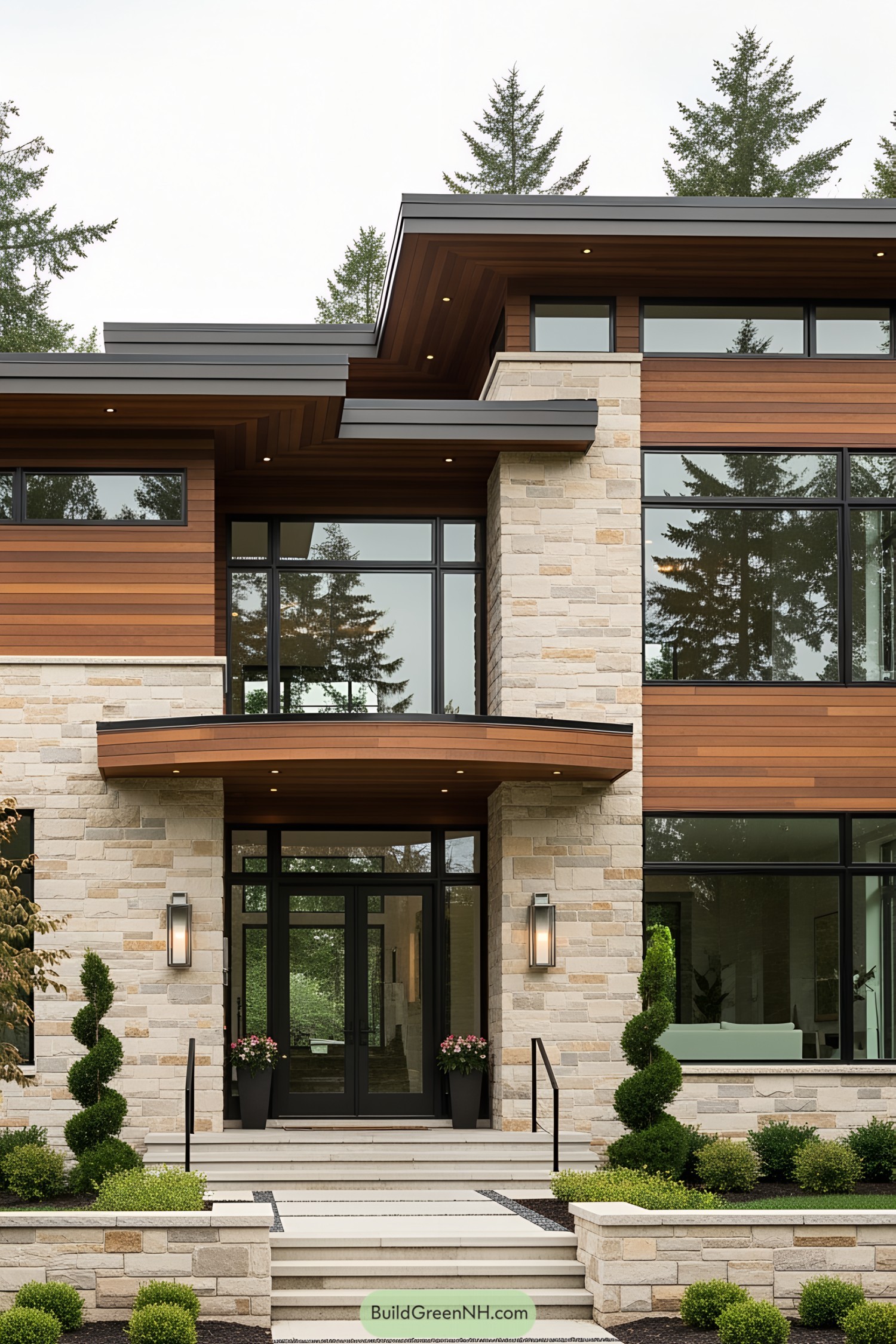 Modern house with large windows and mix of wood and stone