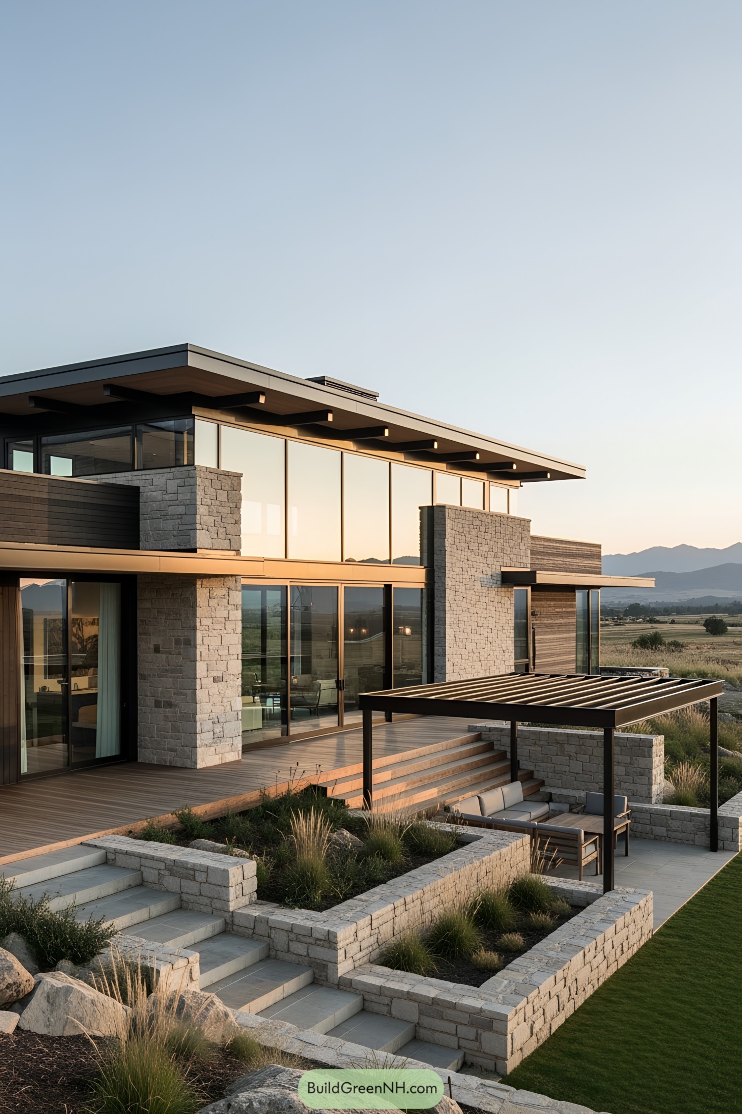 Contemporary stone house with panoramic windows and terrace