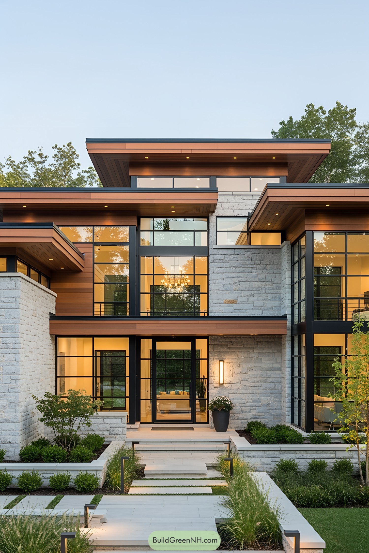 Contemporary stone and wood house with large windows