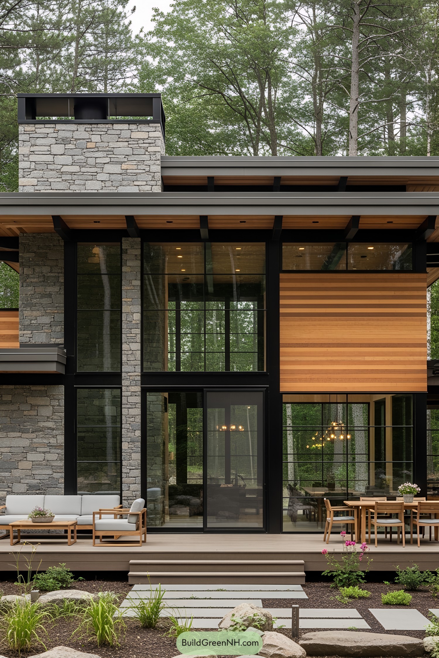 Modern house with stone walls and wooden accents