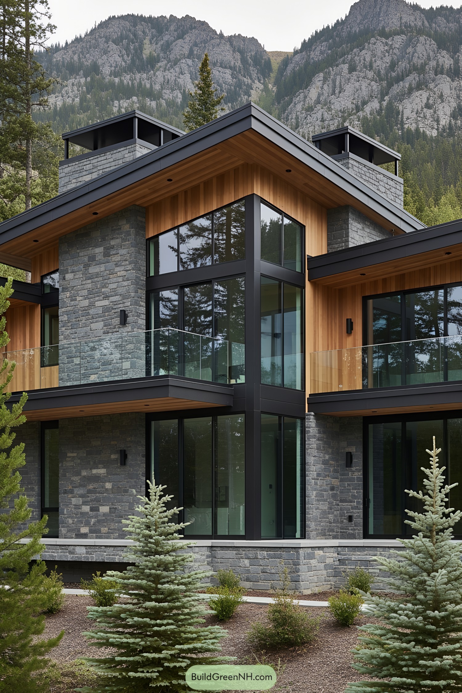 Modern stone and wood house with large windows