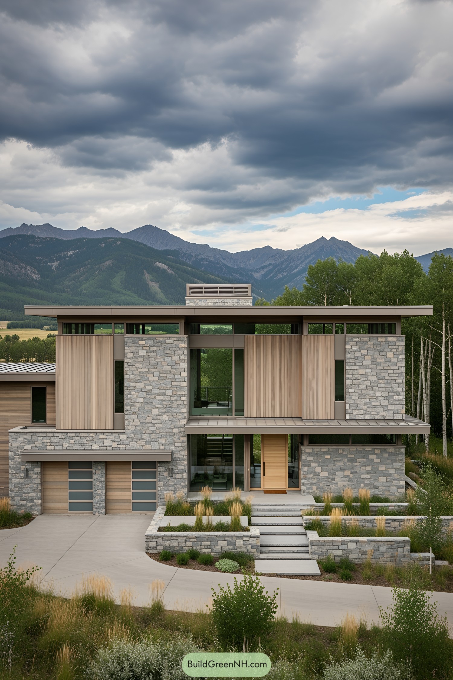 Modern stone and wood house with mountain backdrop