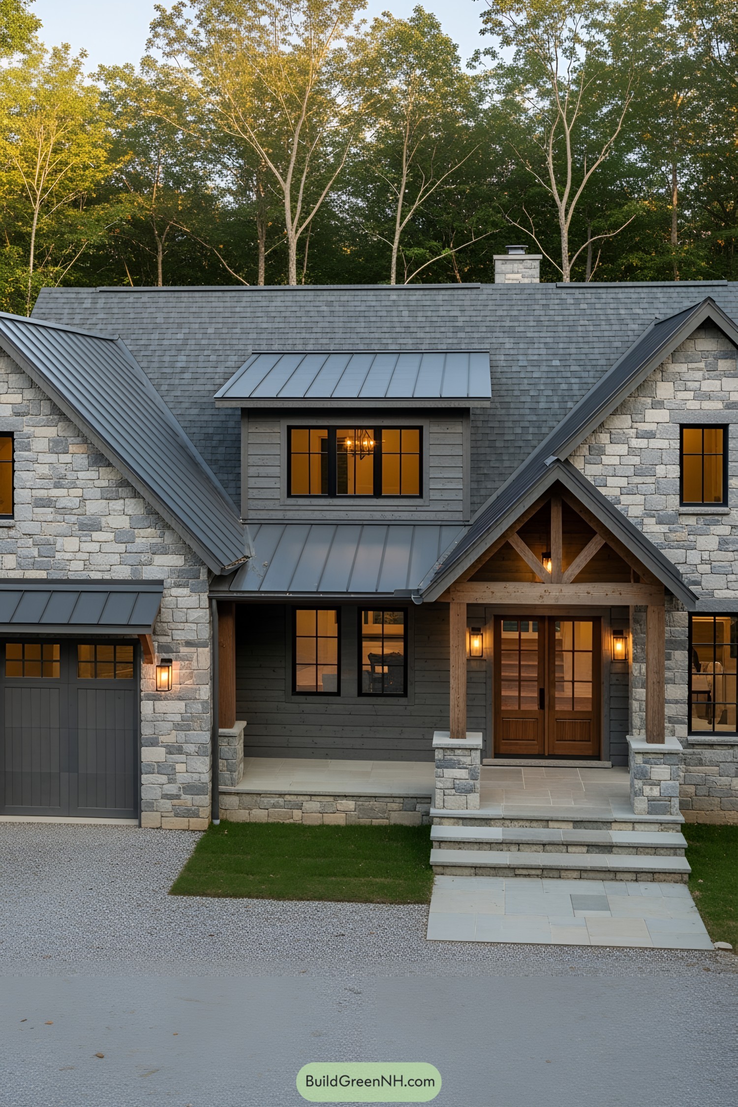 Charming stone and timber house with warm lights glowing