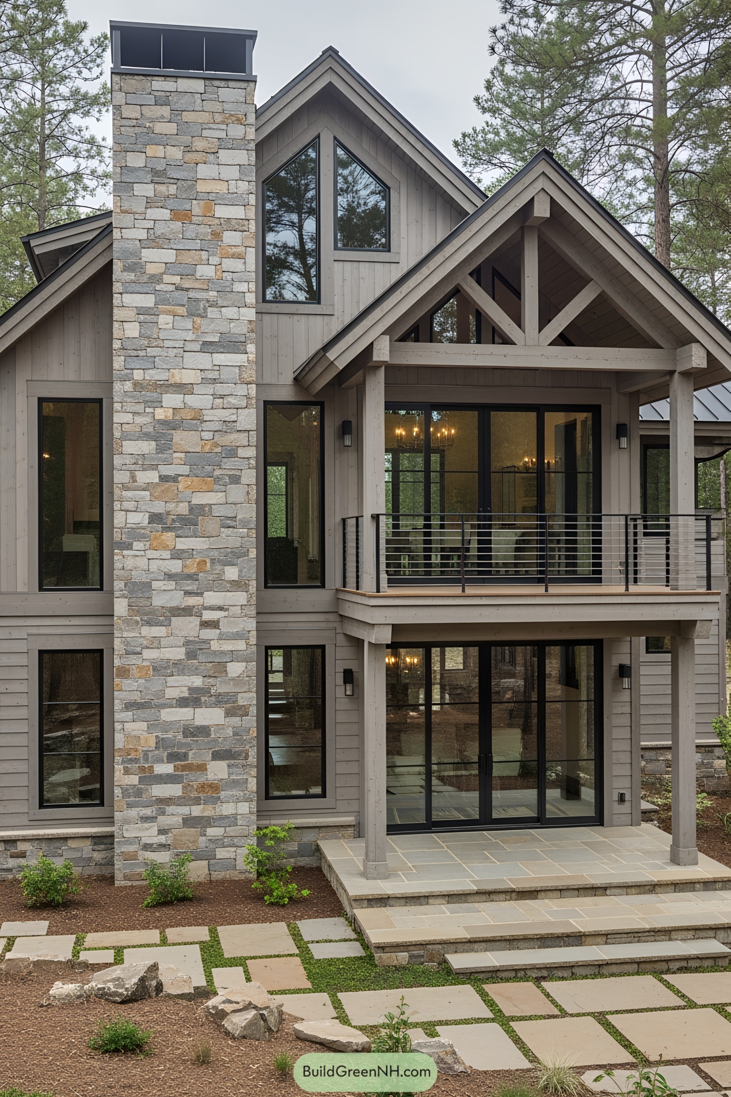 Cozy stone and wood house with large windows