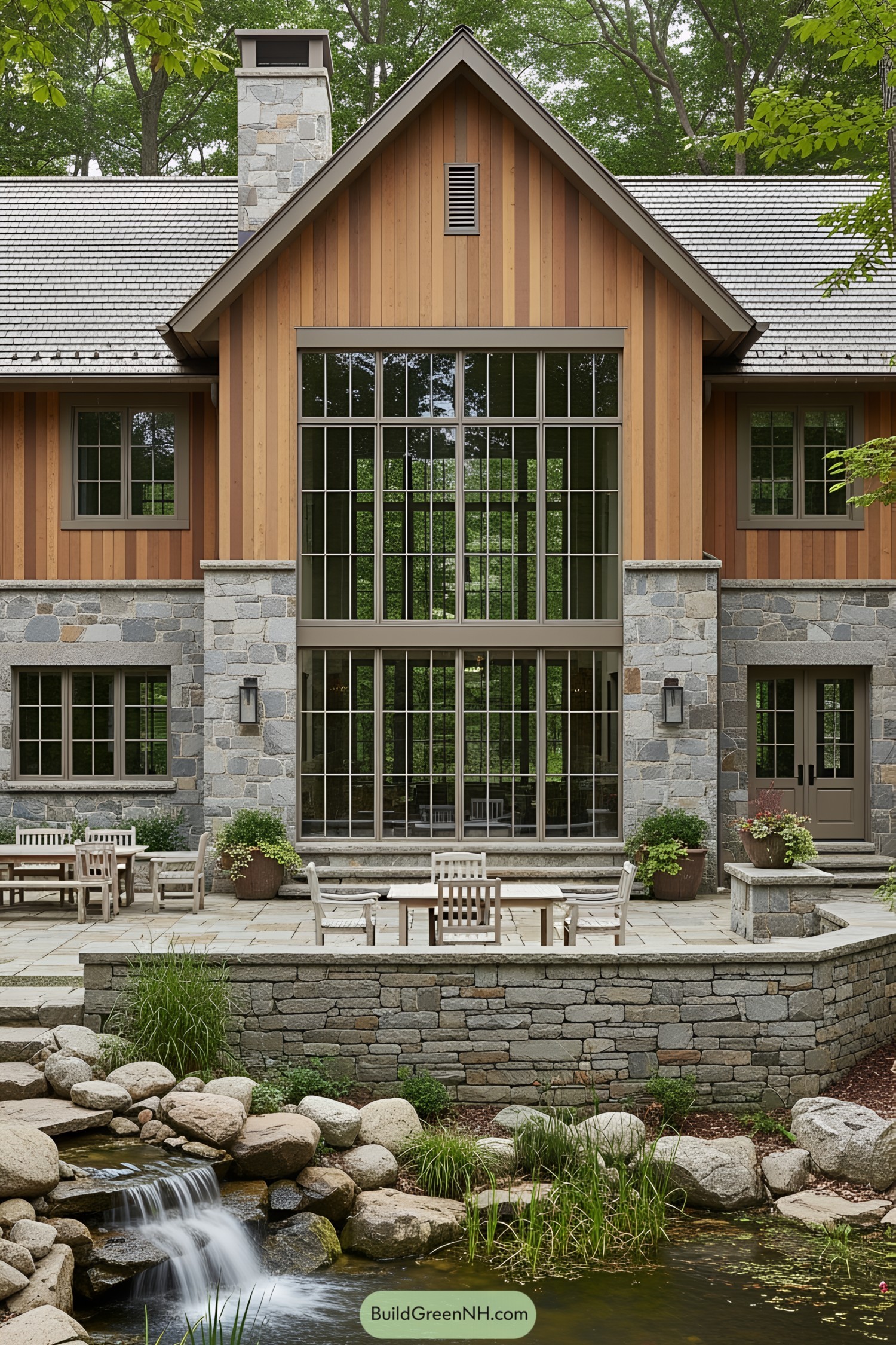 Wood and stone house with large windows by a pond
