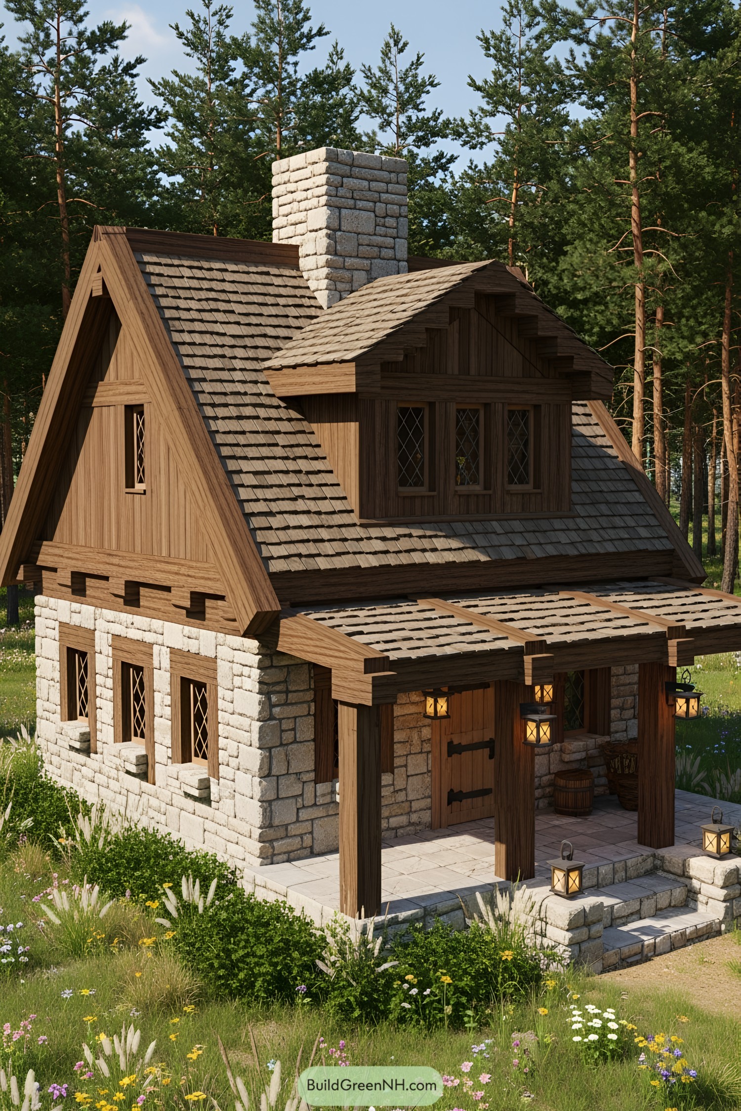 Cozy stone and wood cabin nestled in a lush forest