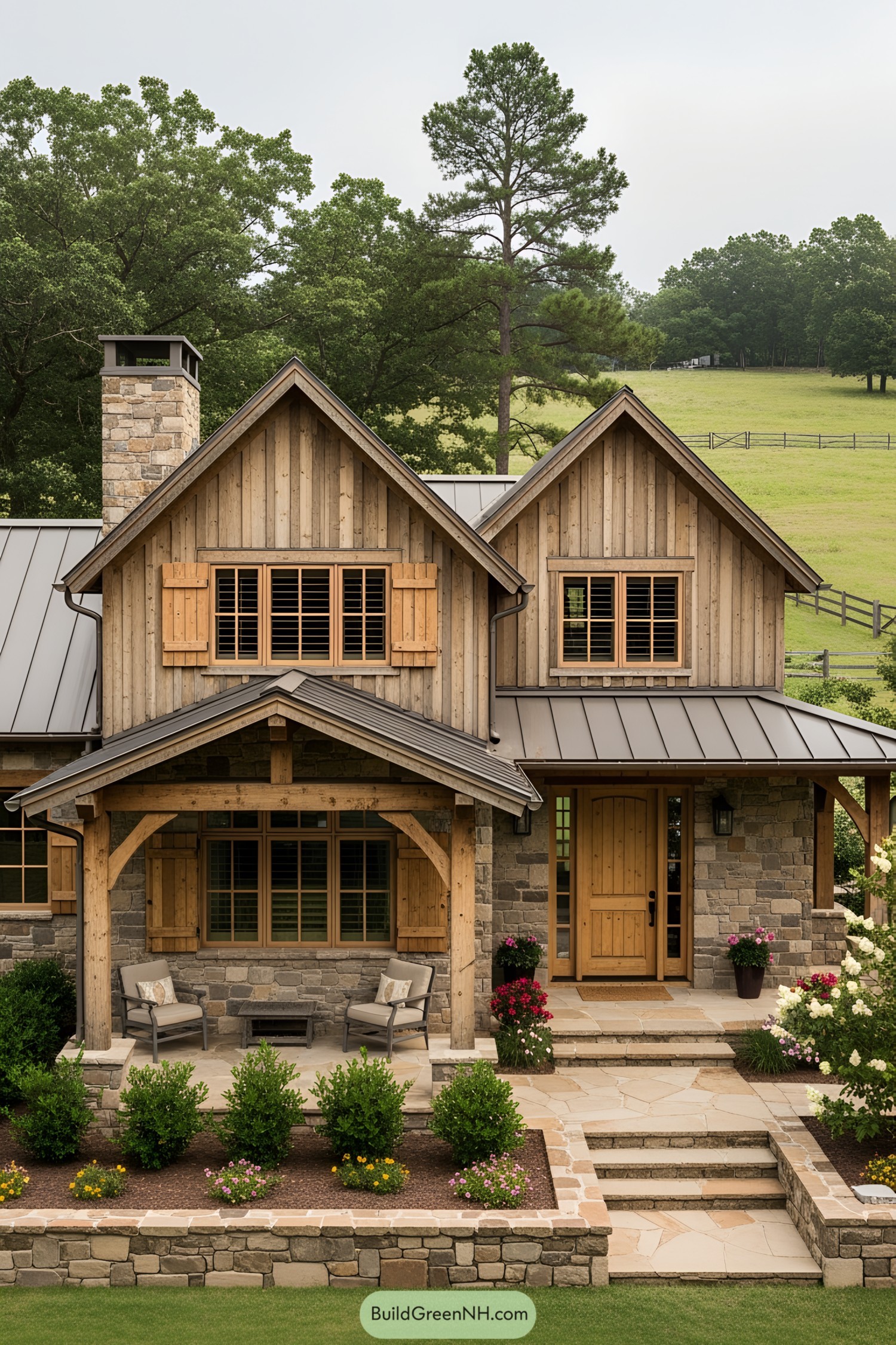 Rustic house with stone and wood features, surrounded by greenery