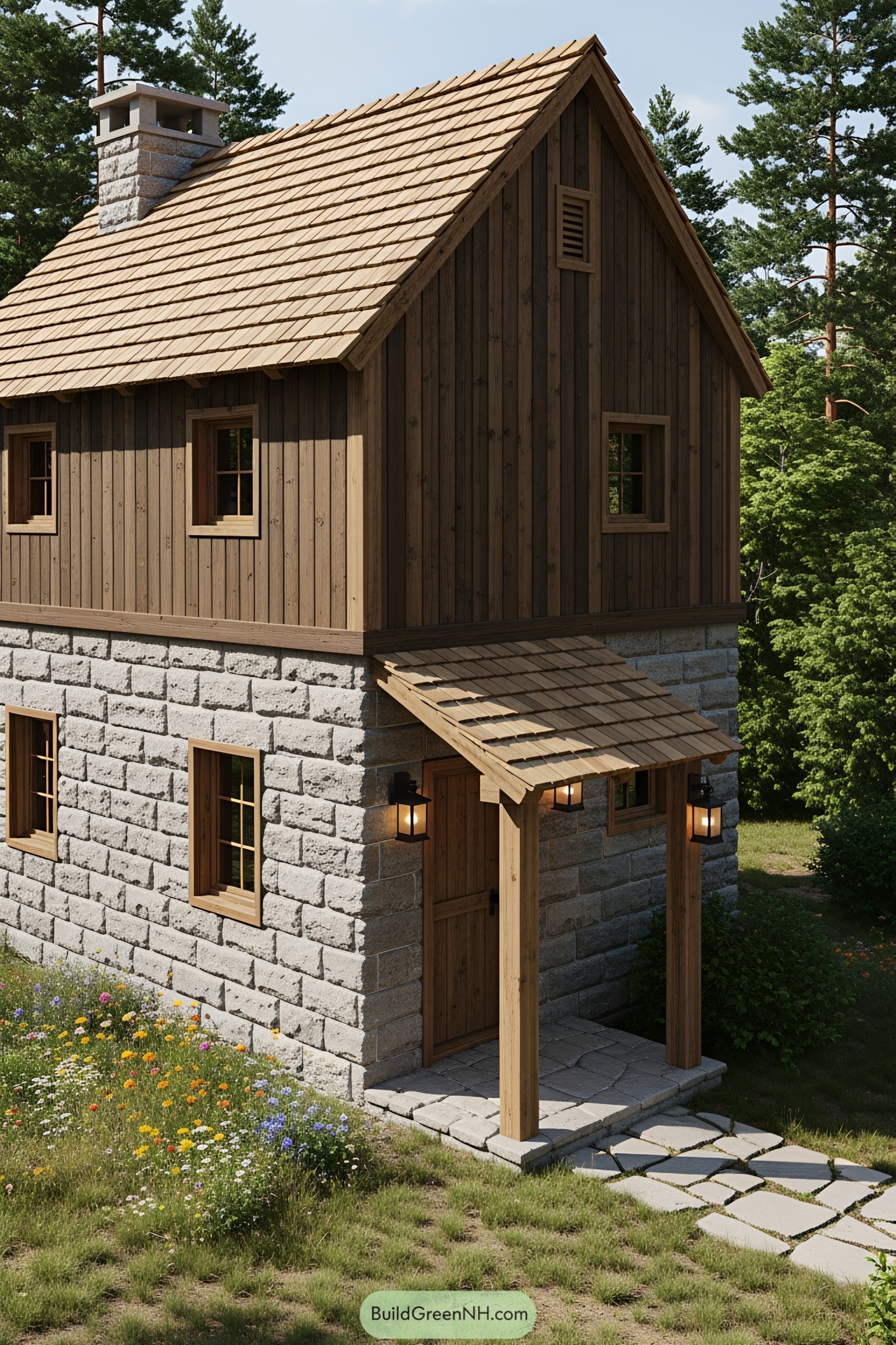 Charming stone and wood cabin surrounded by greenery