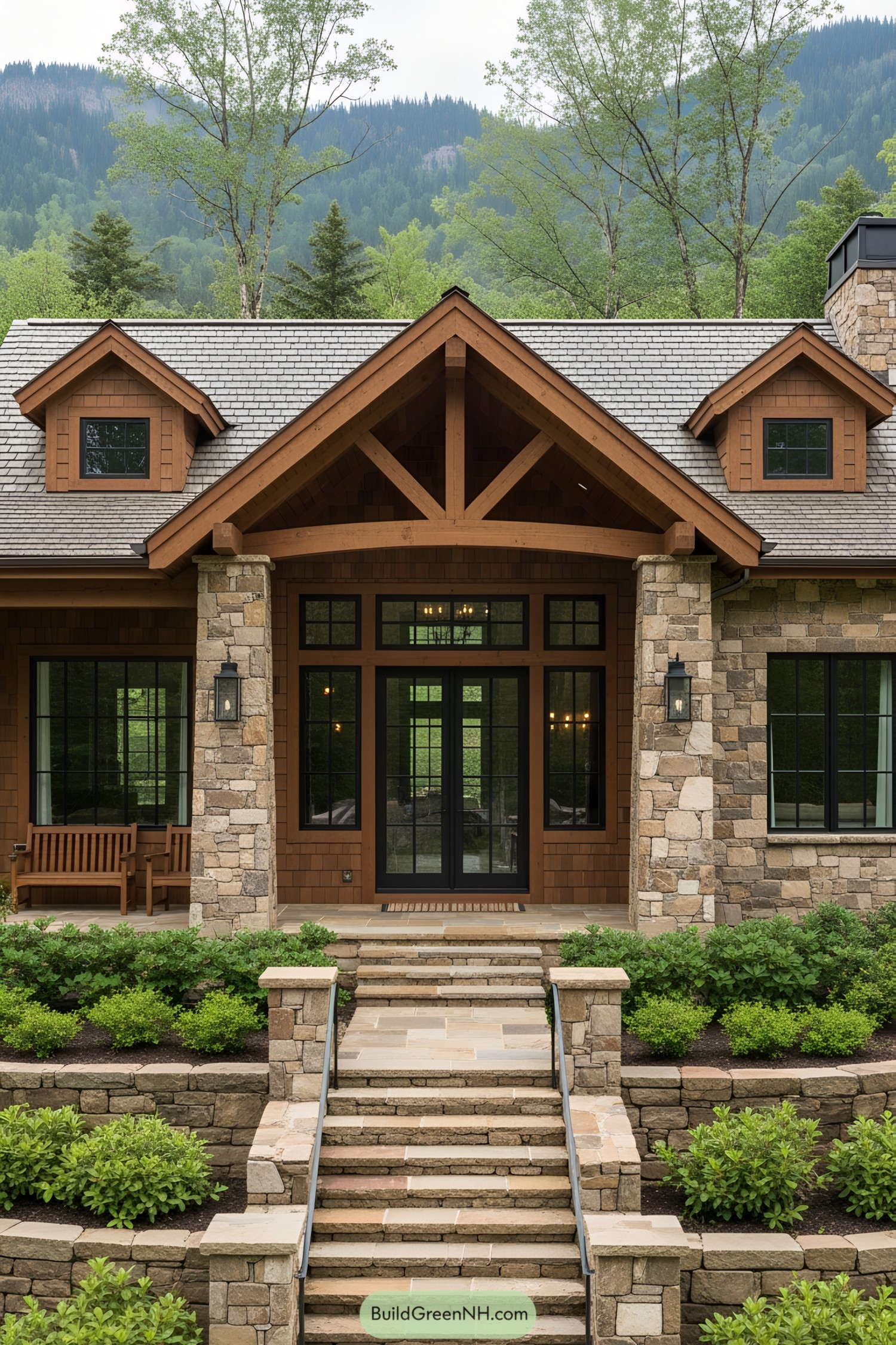 Stone and wood house with lush surroundings