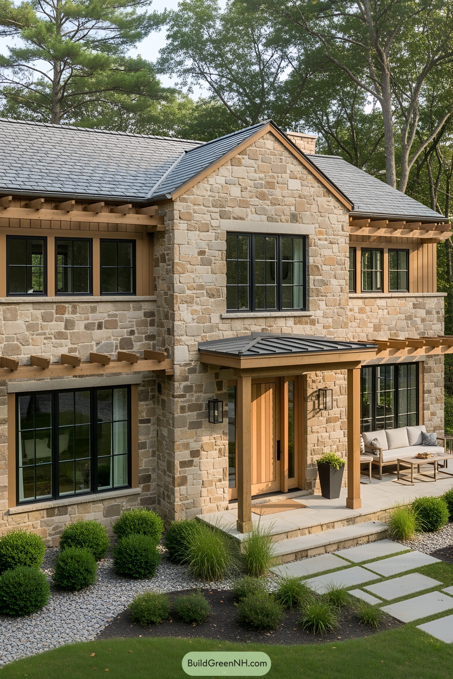 Rustic stone house with wood accents in a forest setting