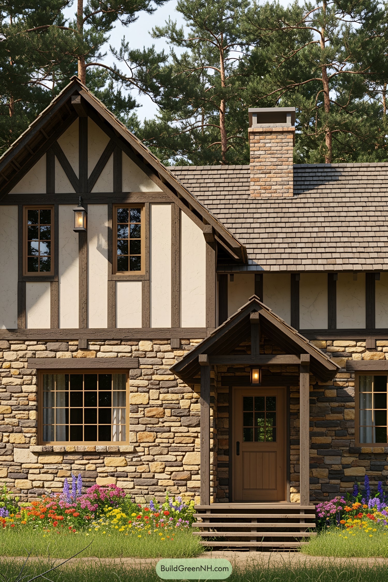 Charming house with stone and wood facade surrounded by trees