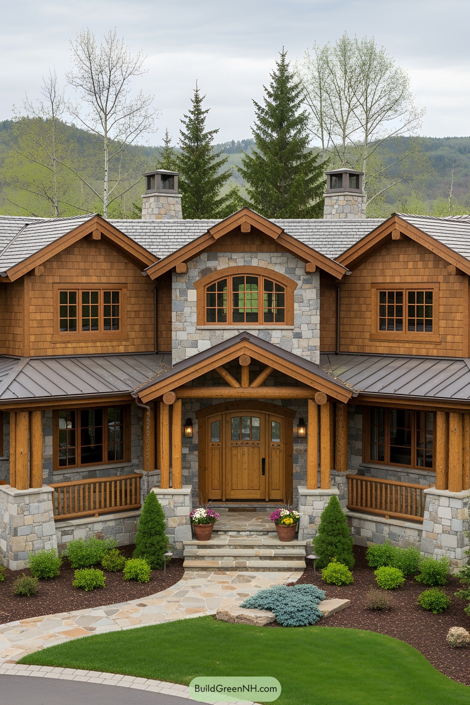 A house with stone walls and wood accents amidst greenery