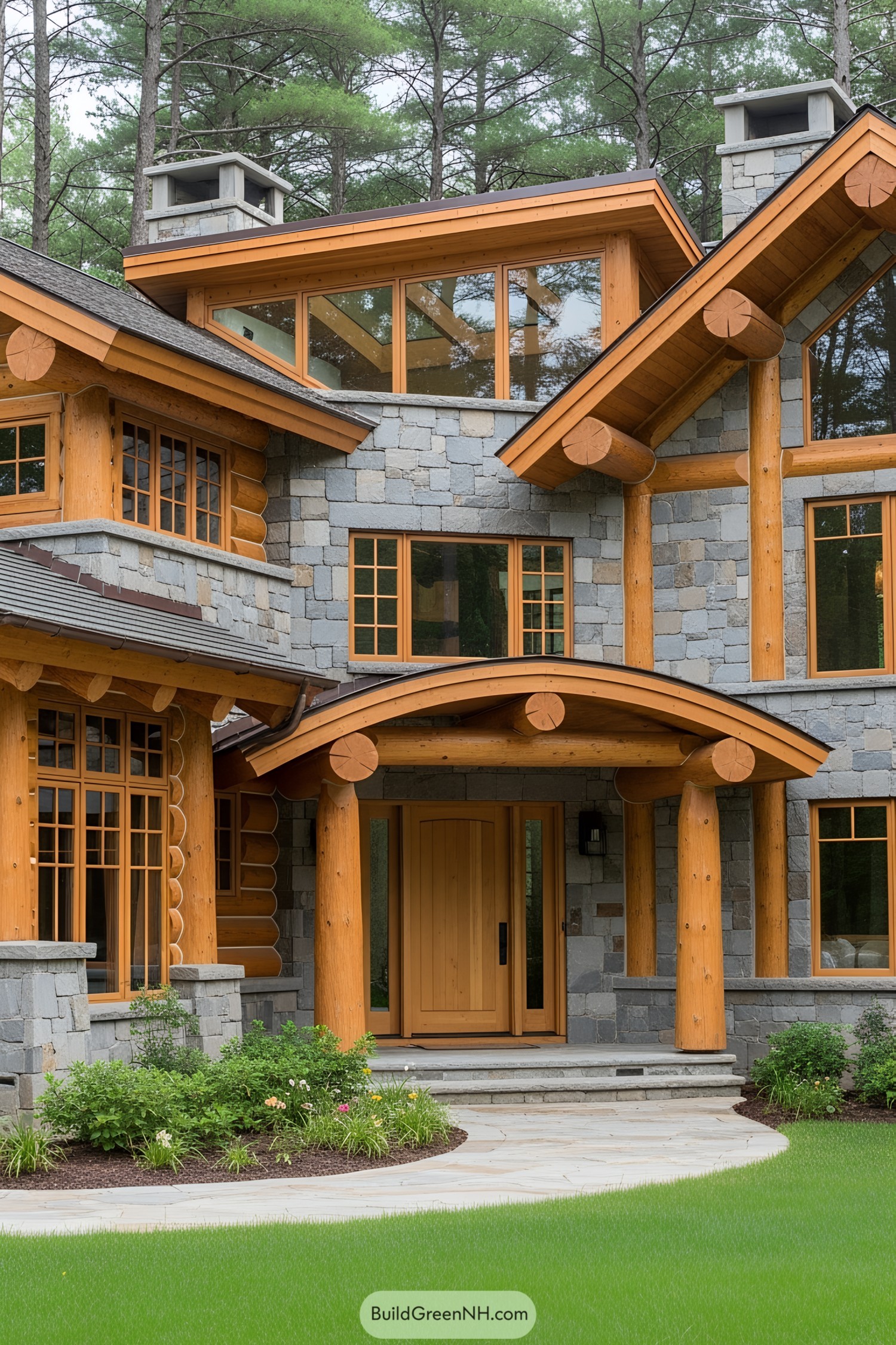 Front view of a stone and wood house surrounded by trees