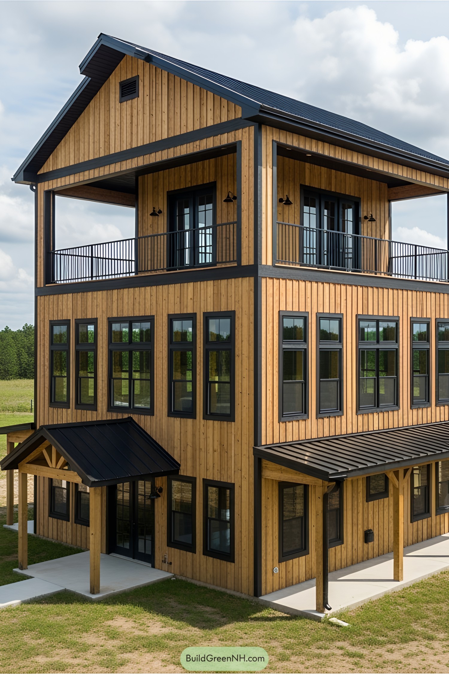 Large wooden barndominium with prominent balconies