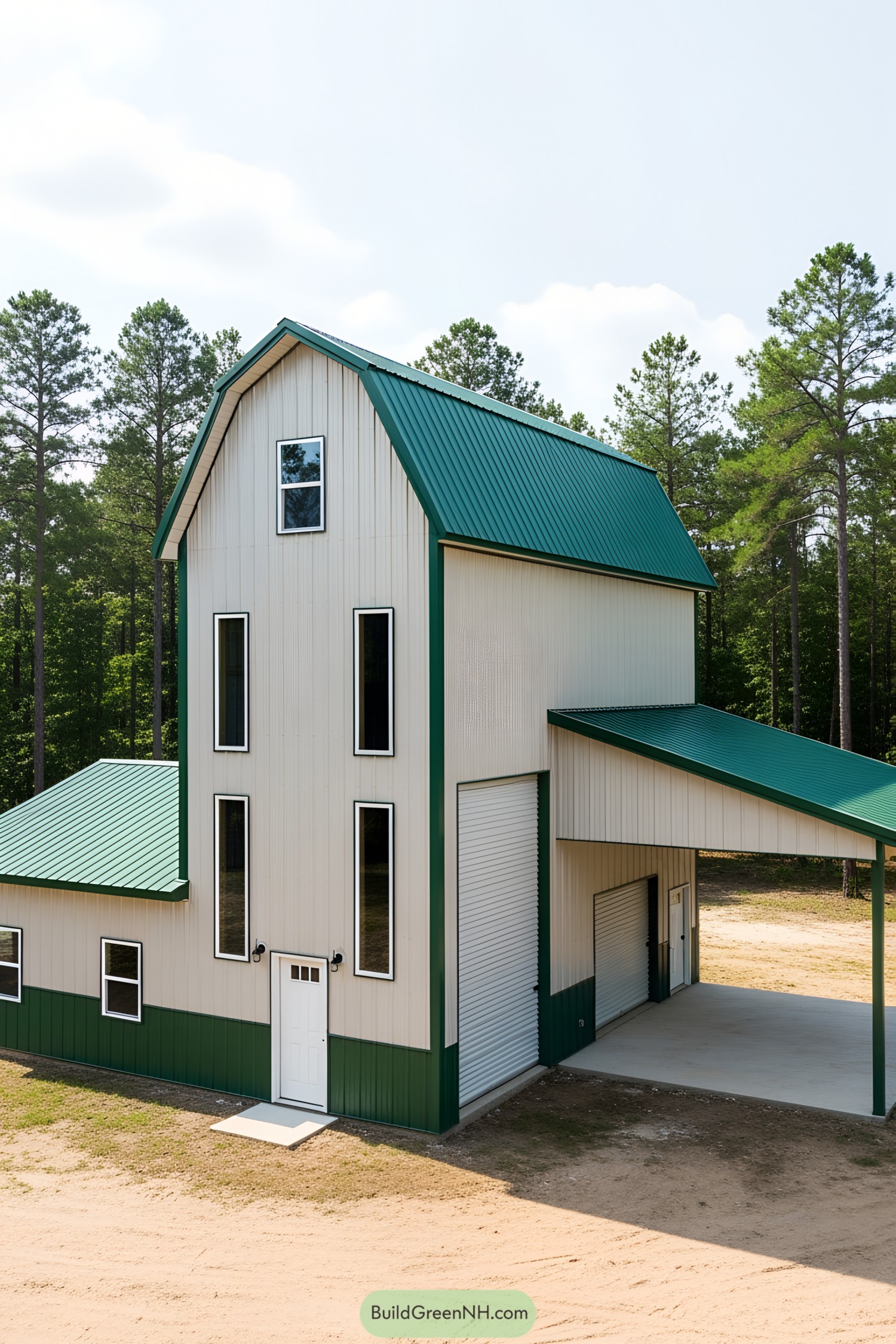 Tall barndominium with green and beige exterior stands near trees