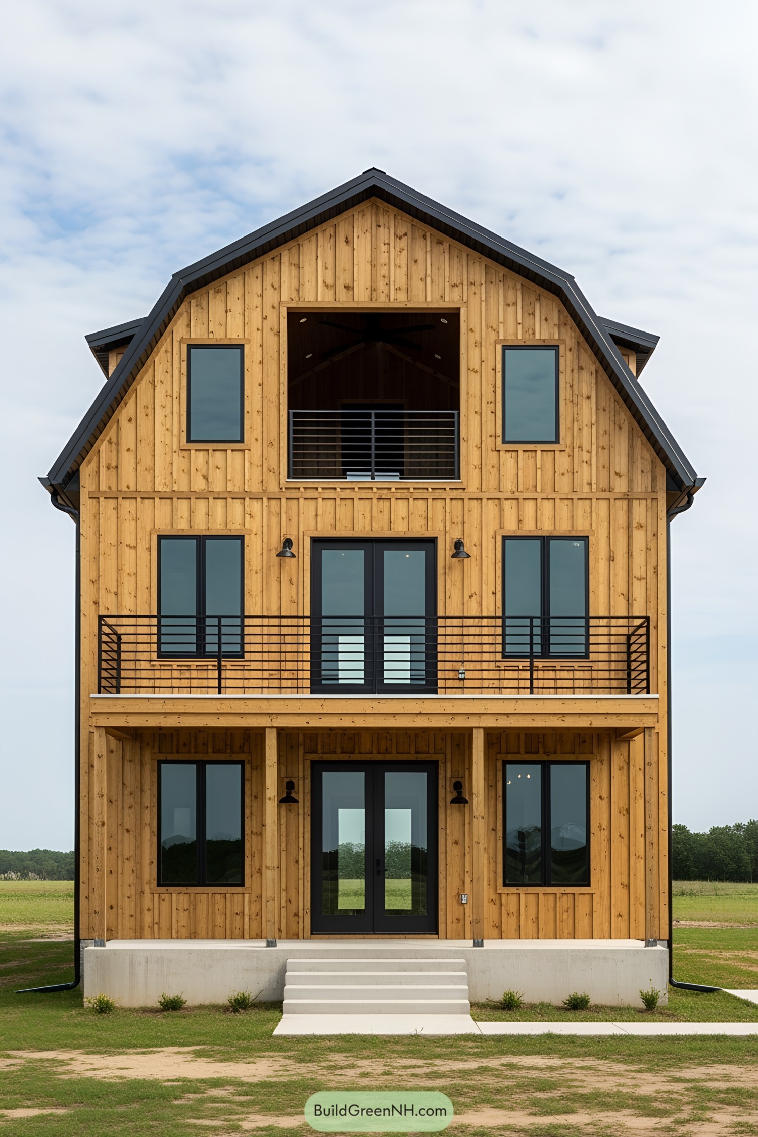 Tall wooden barndominium with multiple windows and balconies