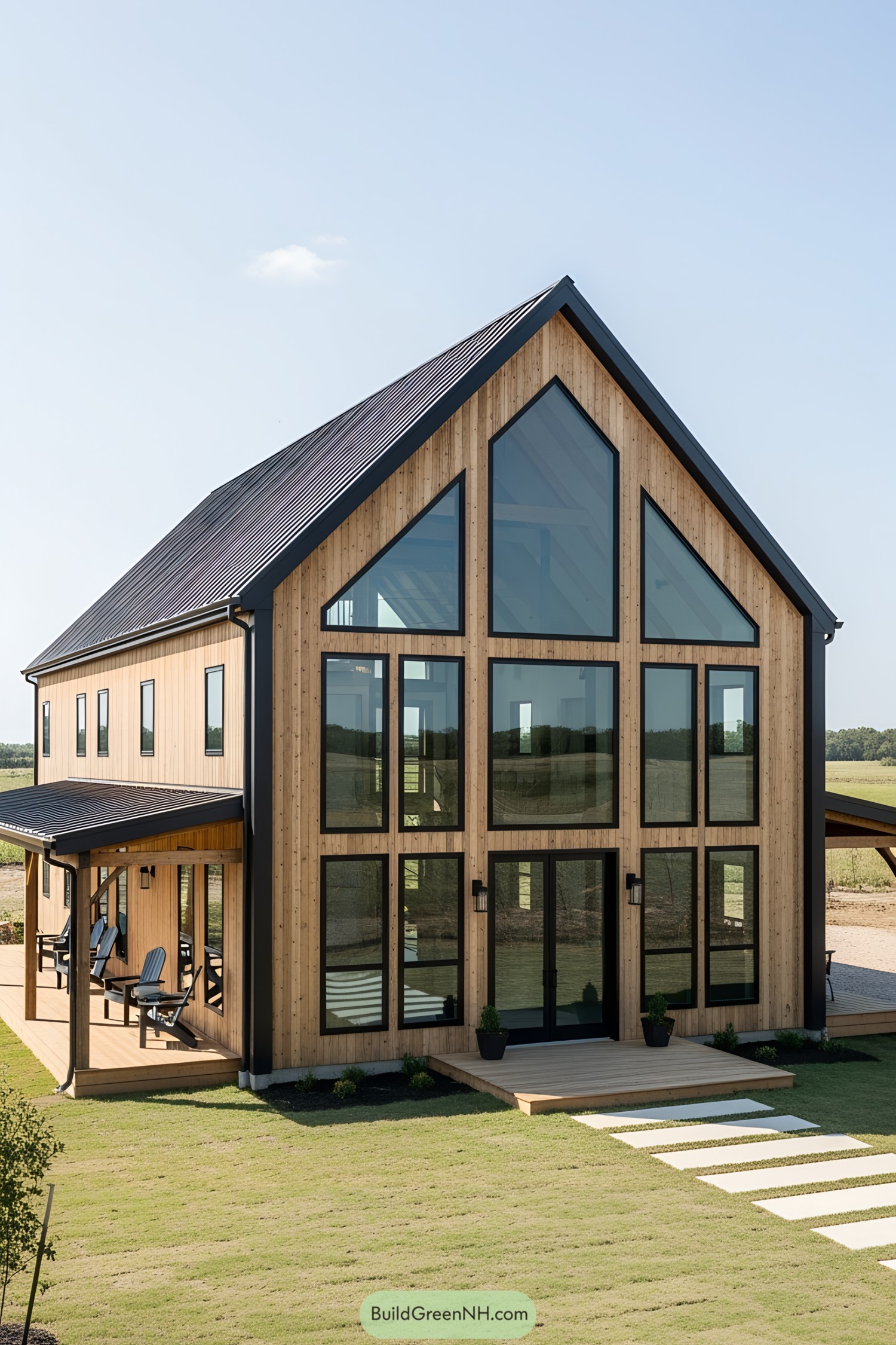 Tall barndominium with large windows and wooden exterior