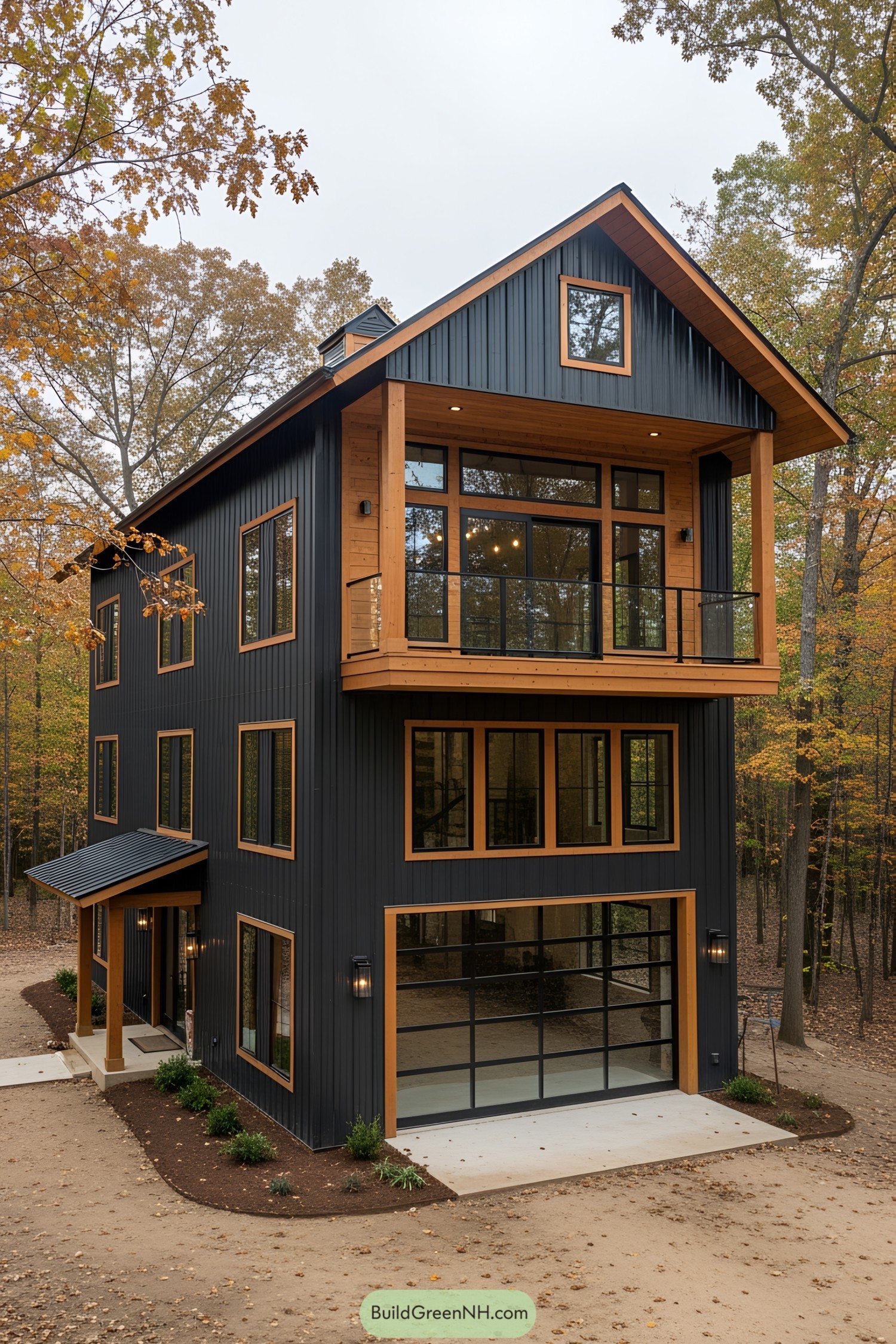 Tall barndominium with large windows and wooden accents