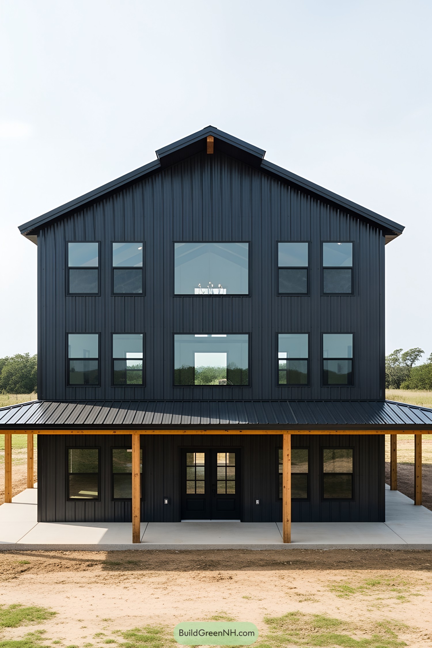 Tall, modern barndominium with large windows
